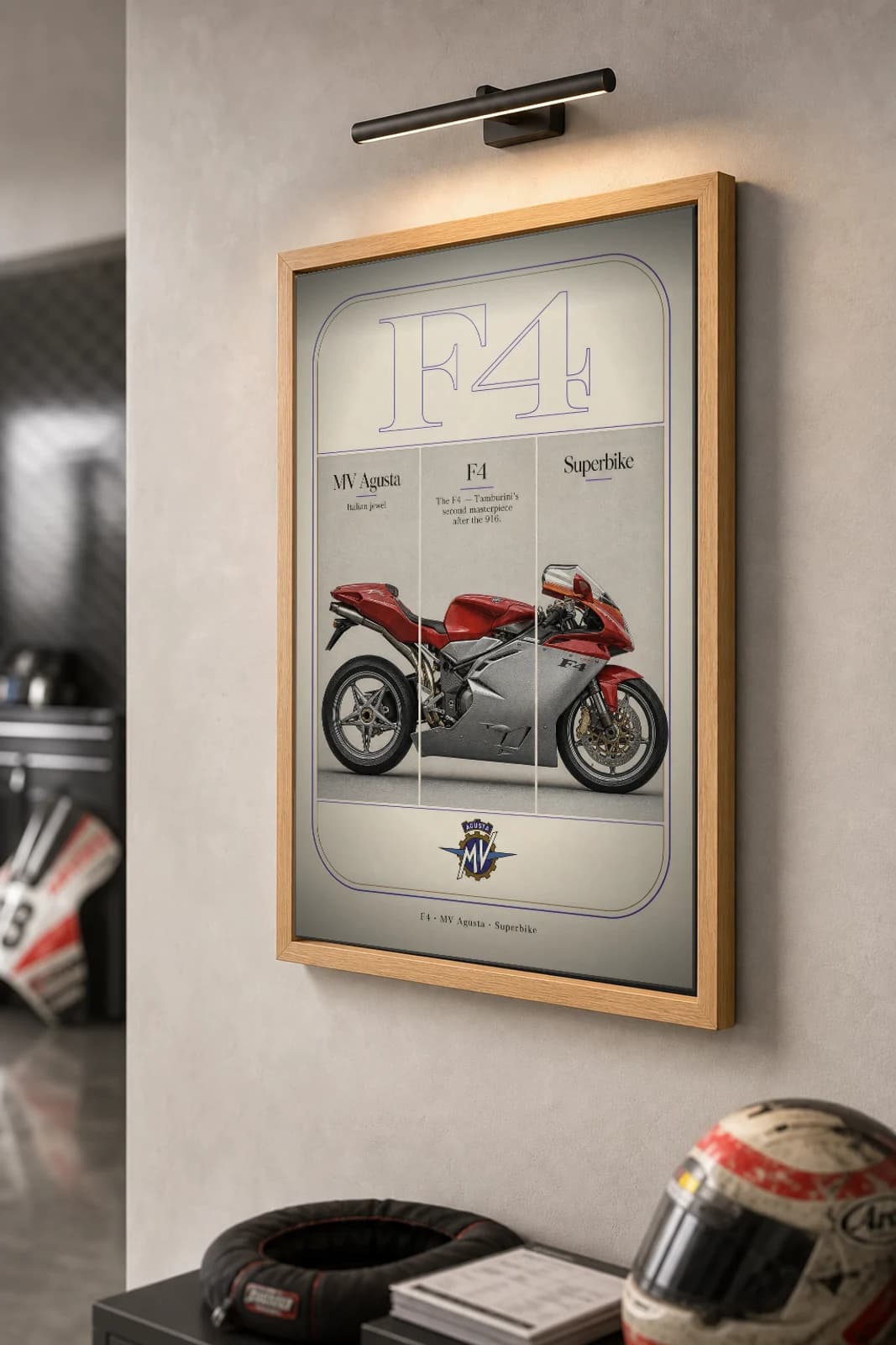 MV Agusta AGUSTA F4 Poster — Heritage MotoGP Legends Motorcycle Wall Art · framed A2 — the framed print shown at a three-quarter angle on a styled gallery wall in a natural-oak frame
