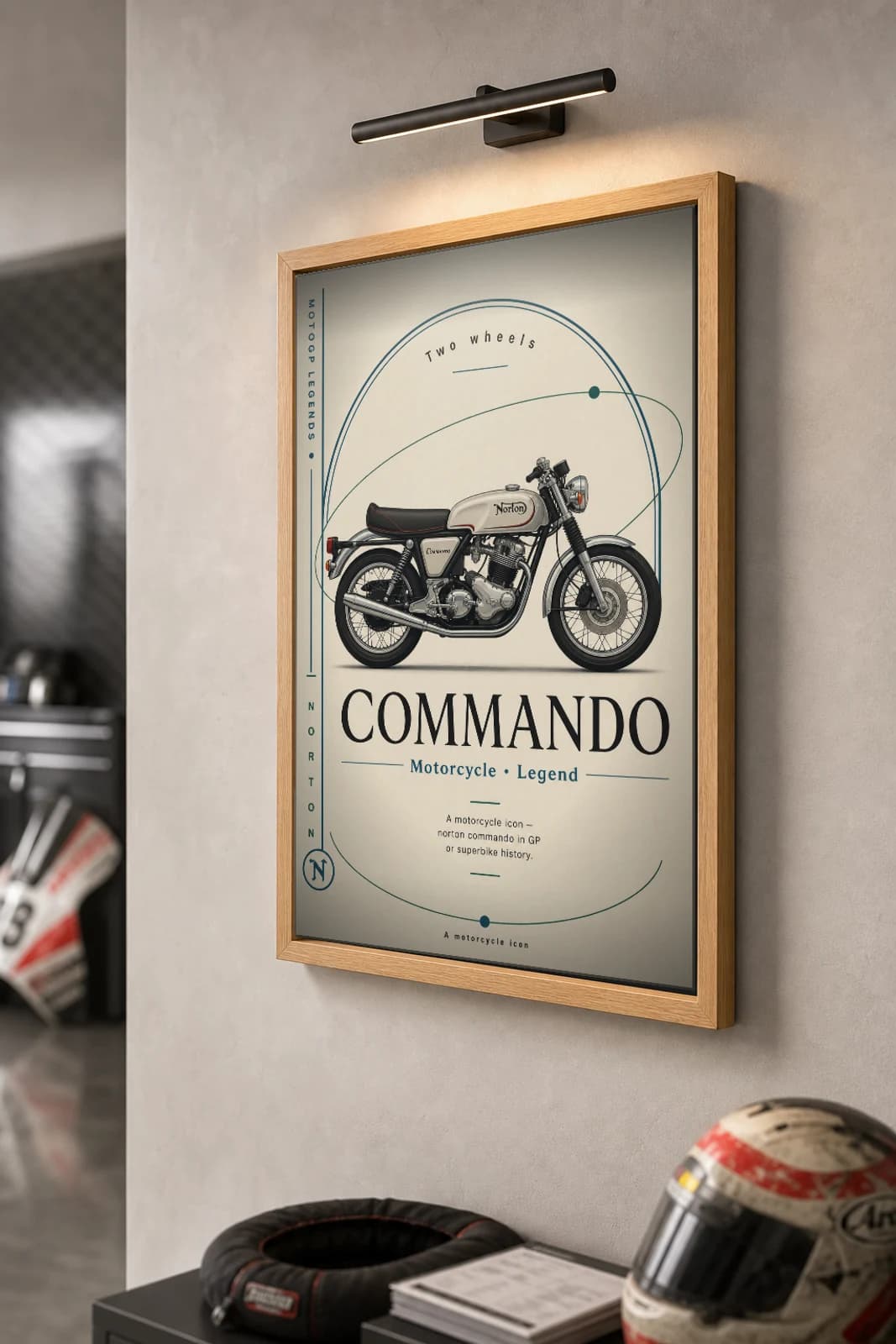 Norton COMMANDO Poster — Heritage MotoGP Legends Motorcycle Wall Art · framed A2 — the framed print shown at a three-quarter angle on a styled gallery wall in a natural-oak frame
