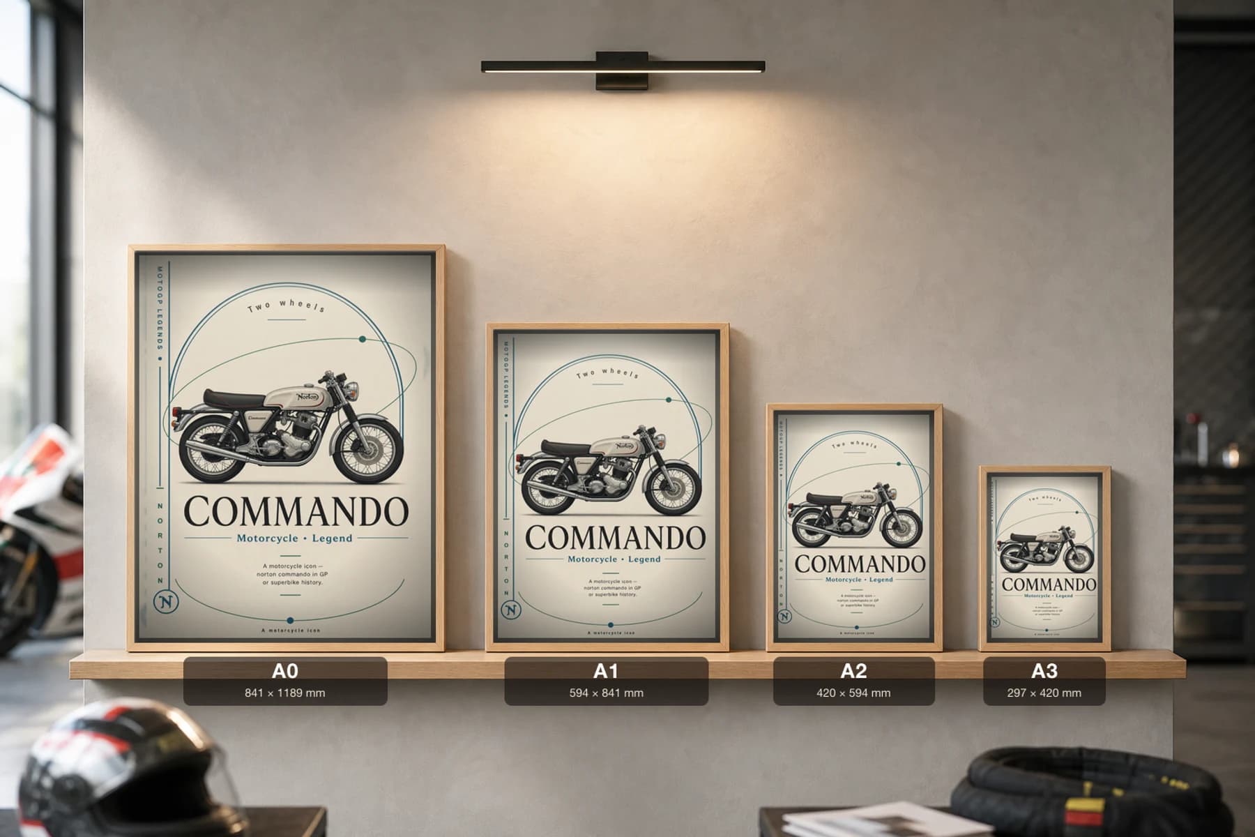 Norton COMMANDO Poster — Heritage MotoGP Legends Motorcycle Wall Art · framed A2 — print size guide showing the artwork at A0, A1, A2 and A3 in natural-oak frames at true relative scale