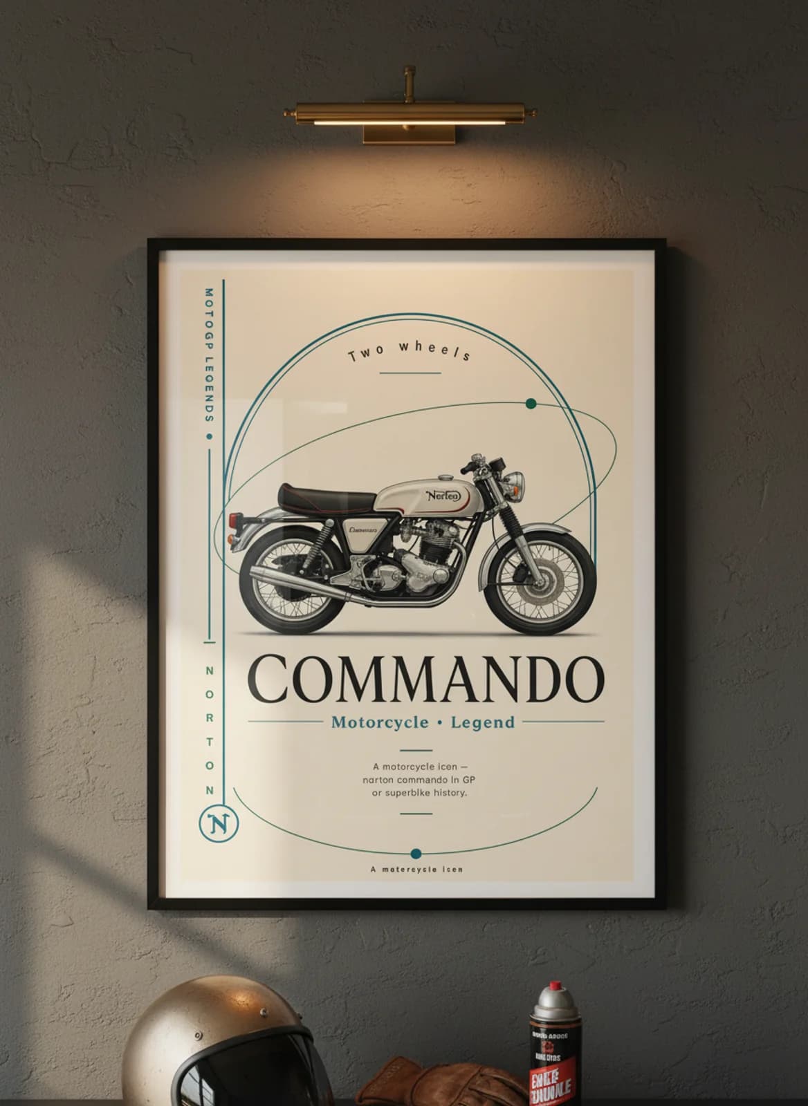 COMMANDO MotoGP Legends print in black A2 frame on norton-silver charcoal garage wall — motorcycle lounge mockup