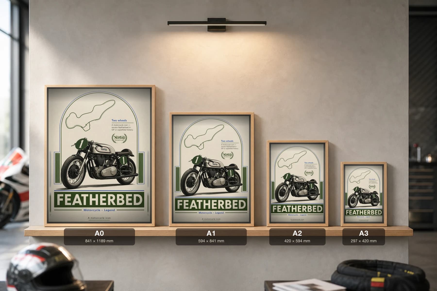 Norton FEATHERBED Poster — Heritage MotoGP Legends Motorcycle Wall Art · framed A2 — print size guide showing the artwork at A0, A1, A2 and A3 in natural-oak frames at true relative scale