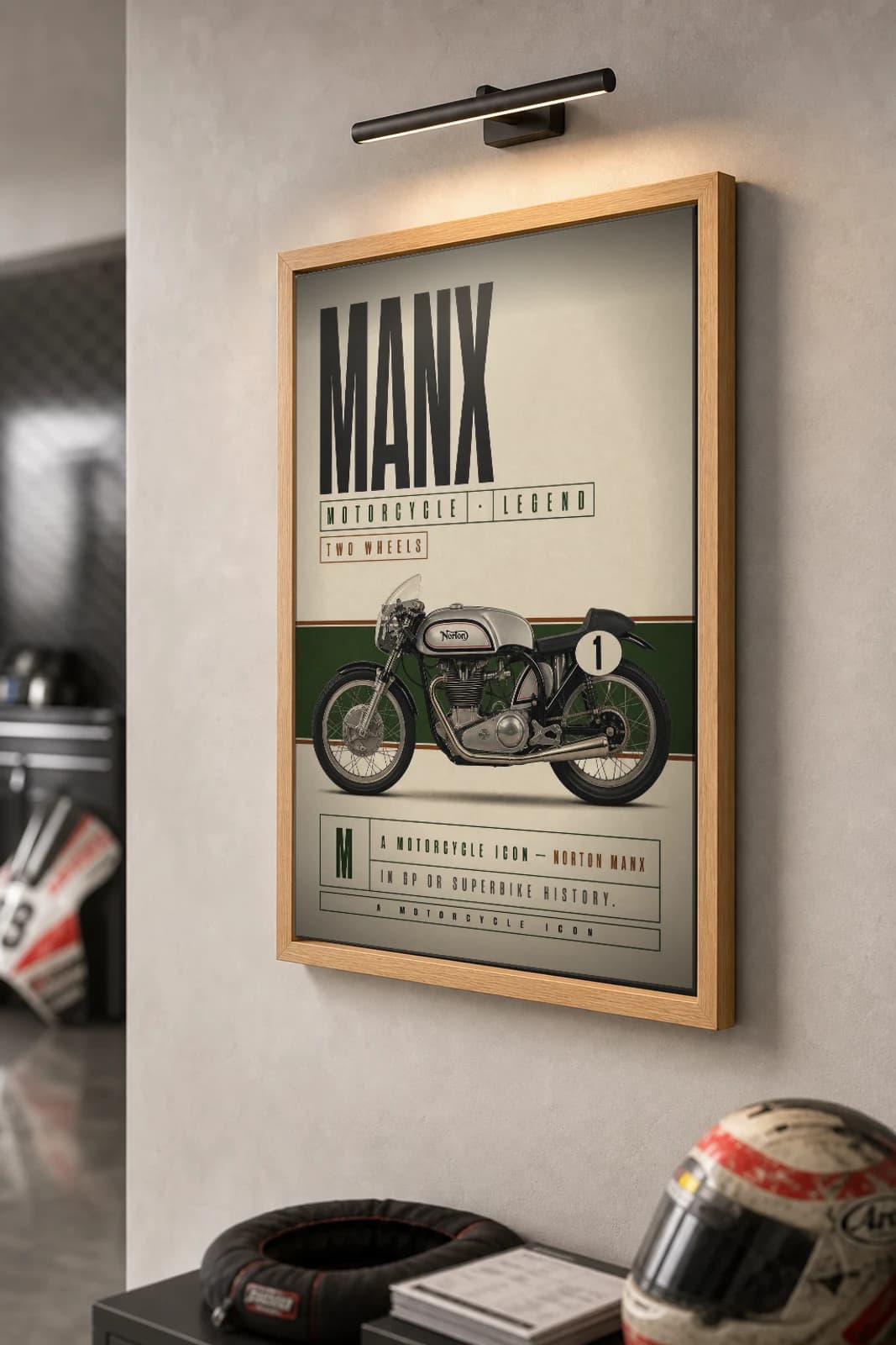 Norton MANX Poster — Heritage MotoGP Legends Motorcycle Wall Art · framed A2 — the framed print shown at a three-quarter angle on a styled gallery wall in a natural-oak frame