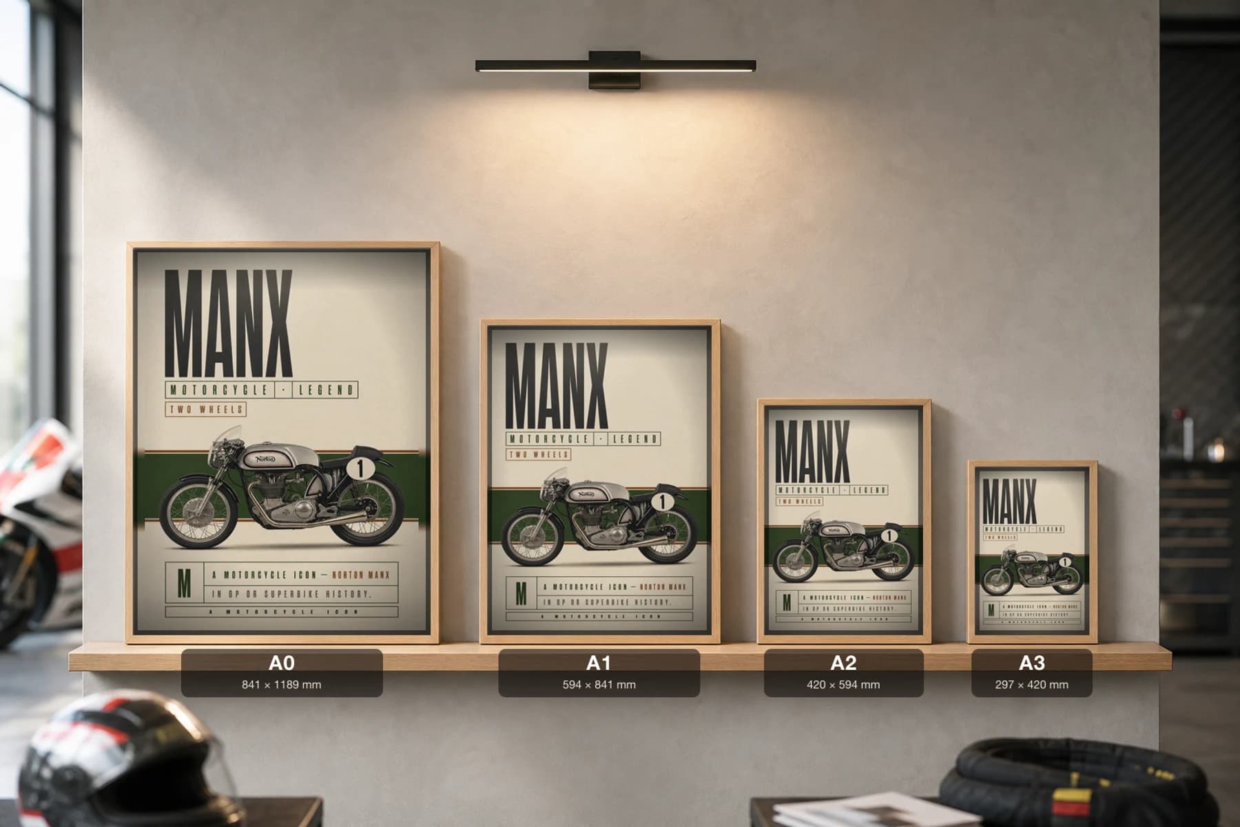Norton MANX Poster — Heritage MotoGP Legends Motorcycle Wall Art · framed A2 — print size guide showing the artwork at A0, A1, A2 and A3 in natural-oak frames at true relative scale