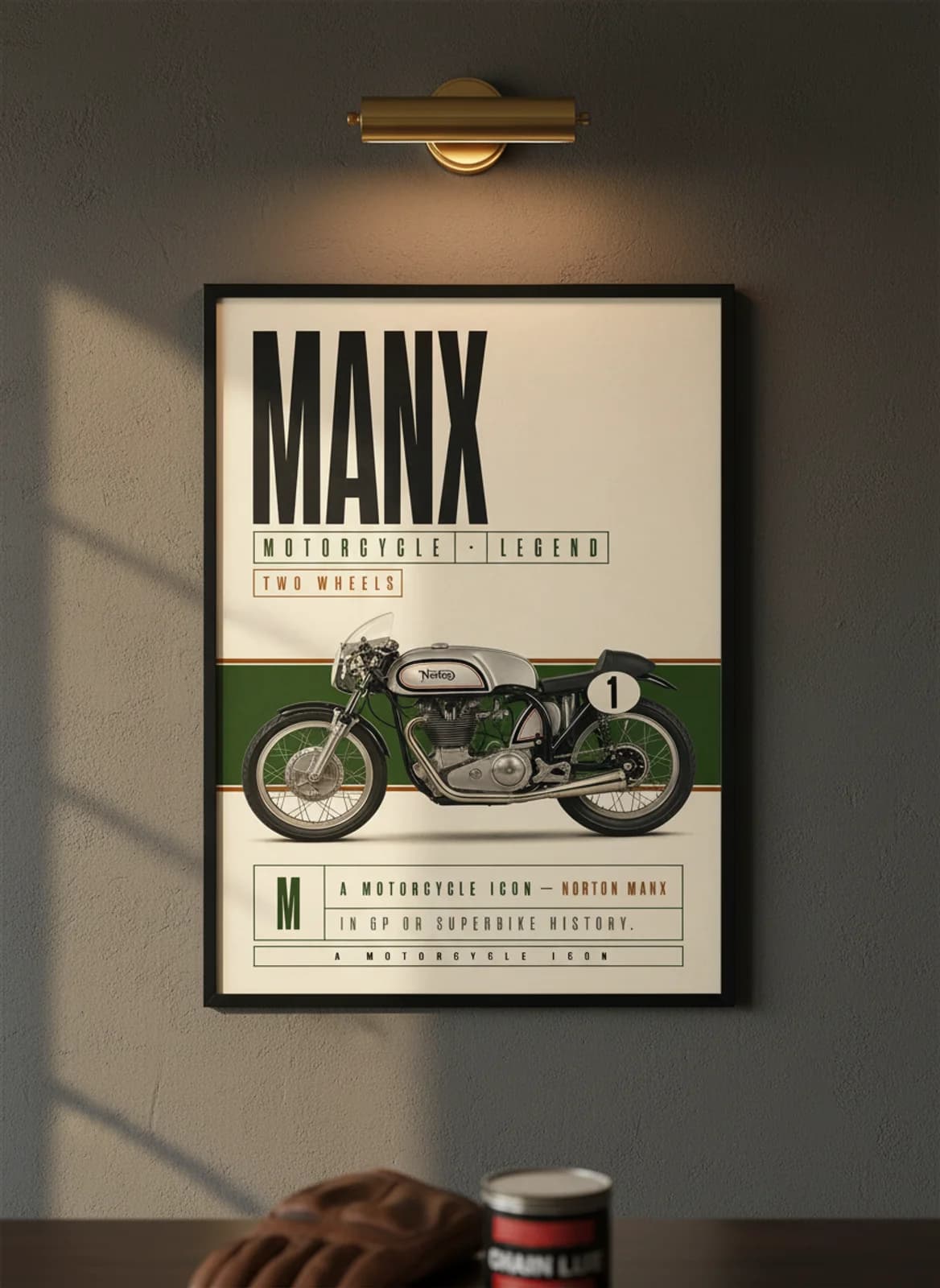 MANX MotoGP Legends print in black A2 frame on norton-silver charcoal garage wall — motorcycle lounge mockup