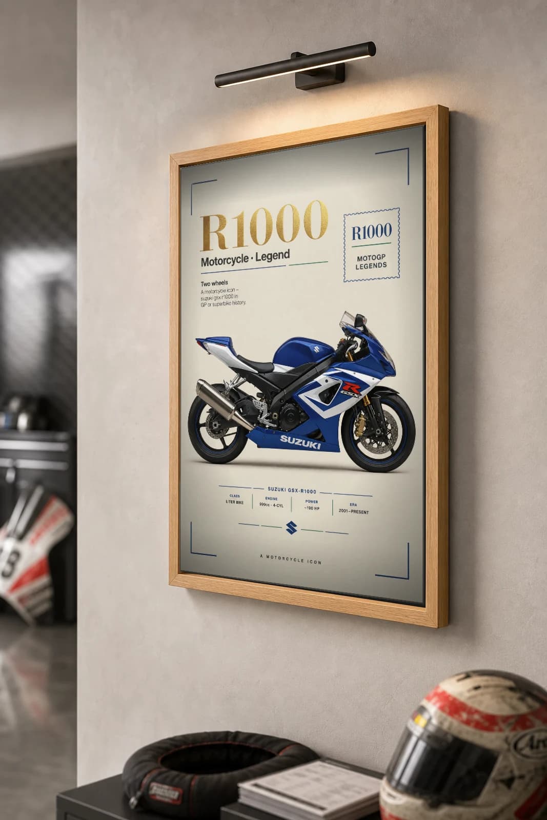 Suzuki GSX R1000 Poster — Heritage MotoGP Legends Motorcycle Wall Art · framed A2 — the framed print shown at a three-quarter angle on a styled gallery wall in a natural-oak frame