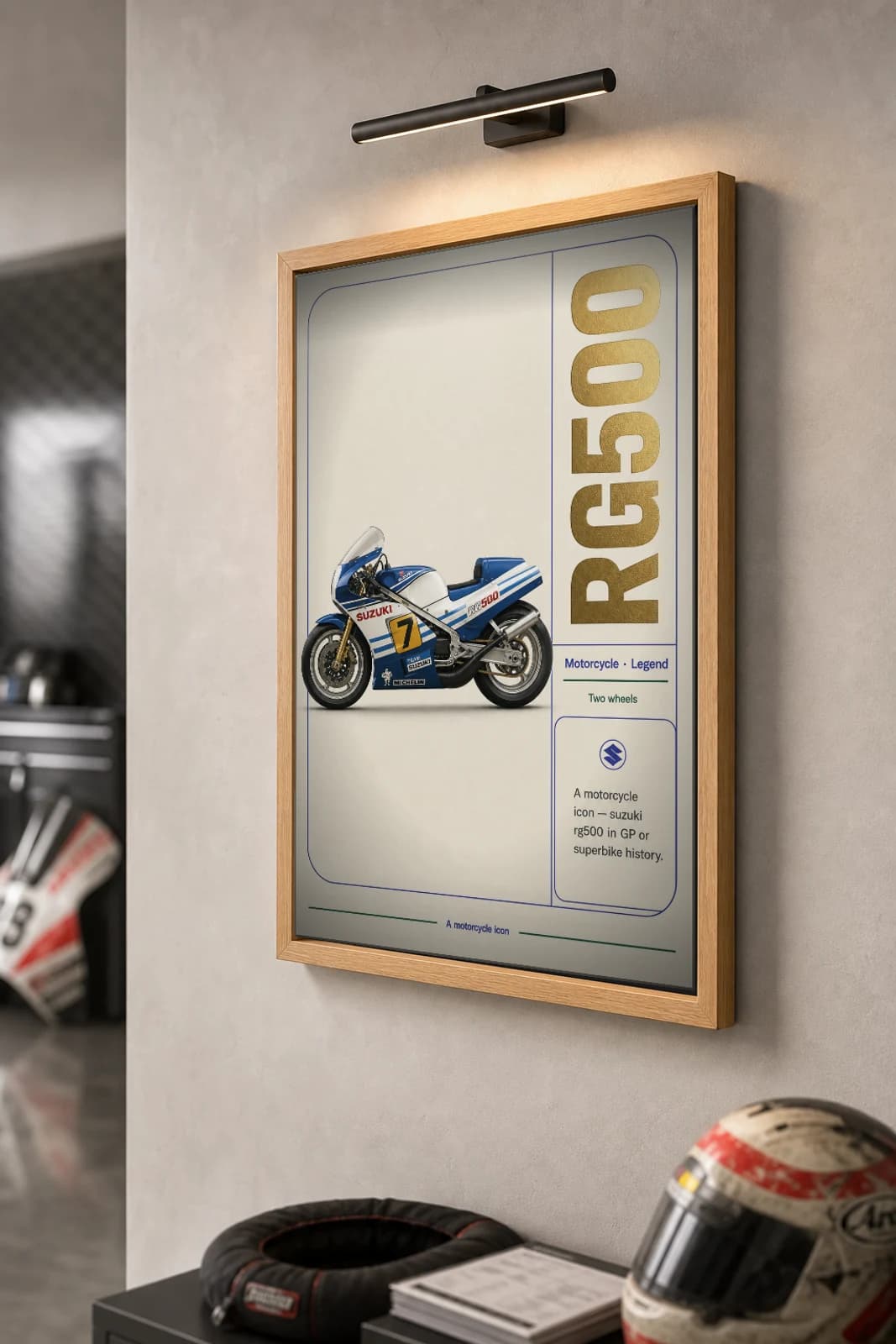 Suzuki RG500 Poster — Heritage MotoGP Legends Motorcycle Wall Art · framed A2 — the framed print shown at a three-quarter angle on a styled gallery wall in a natural-oak frame