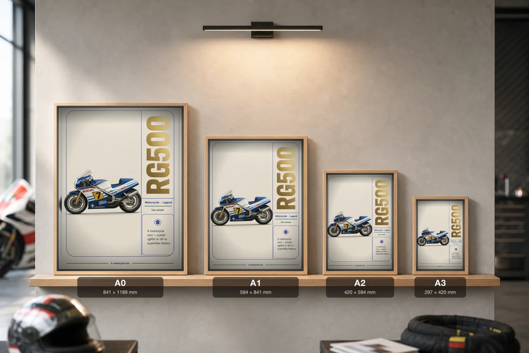 Suzuki RG500 Poster — Heritage MotoGP Legends Motorcycle Wall Art · framed A2 — print size guide showing the artwork at A0, A1, A2 and A3 in natural-oak frames at true relative scale