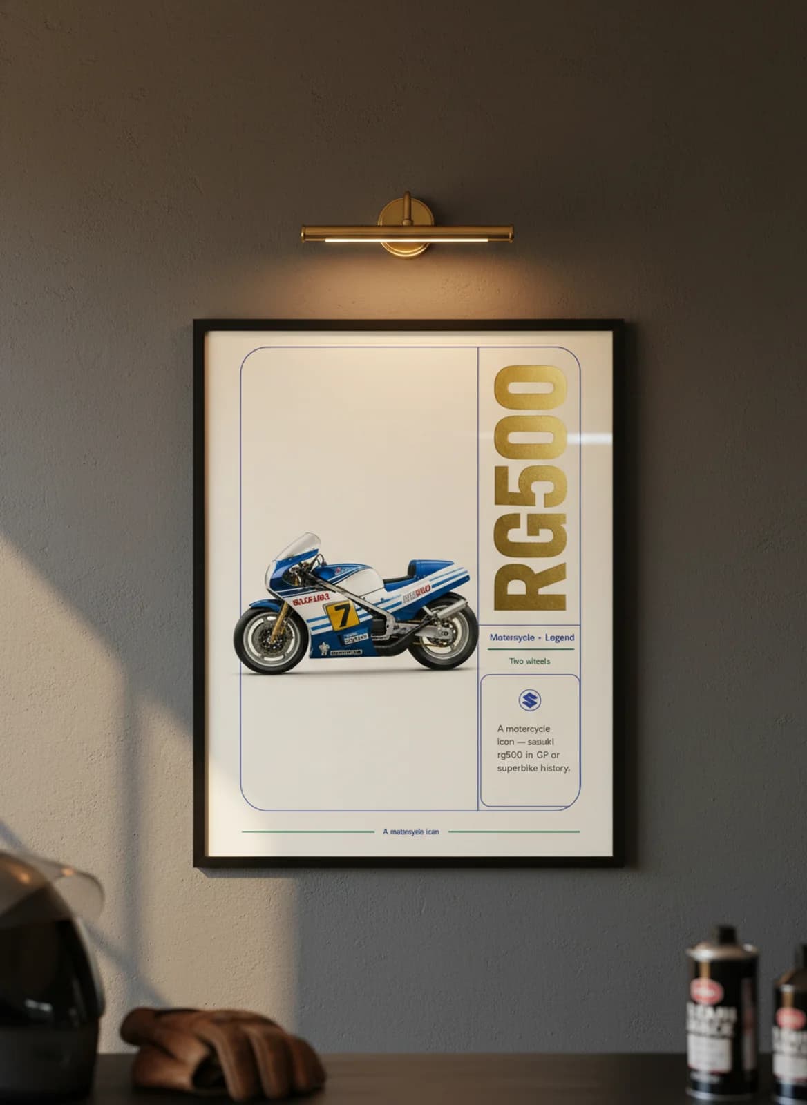 RG500 MotoGP Legends print in black A2 frame on suzuki-blue charcoal garage wall — motorcycle lounge mockup