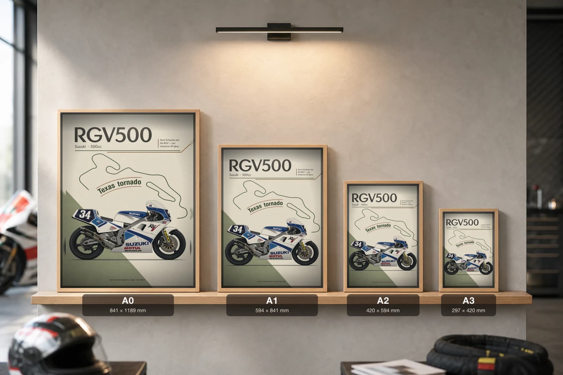 Suzuki RGV500 — Kevin Schwantz Poster — Heritage MotoGP Legends Motorcycle Wall Art · framed A2 — print size guide showing the artwork at A0, A1, A2 and A3 in natural-oak frames at true relative scale