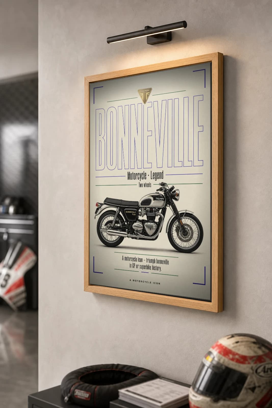 Triumph BONNEVILLE Poster — Heritage MotoGP Legends Motorcycle Wall Art · framed A2 — the framed print shown at a three-quarter angle on a styled gallery wall in a natural-oak frame