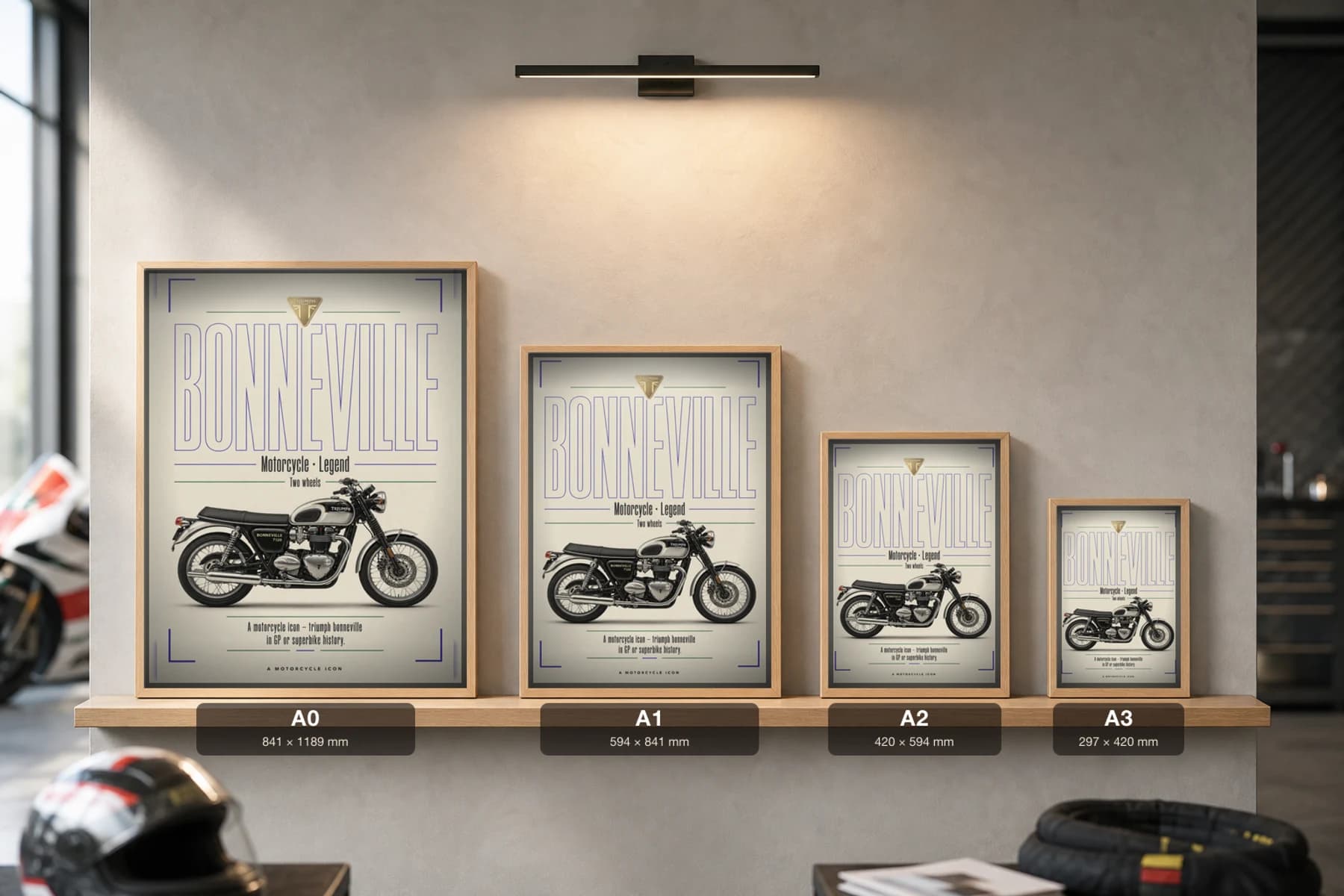 Triumph BONNEVILLE Poster — Heritage MotoGP Legends Motorcycle Wall Art · framed A2 — print size guide showing the artwork at A0, A1, A2 and A3 in natural-oak frames at true relative scale