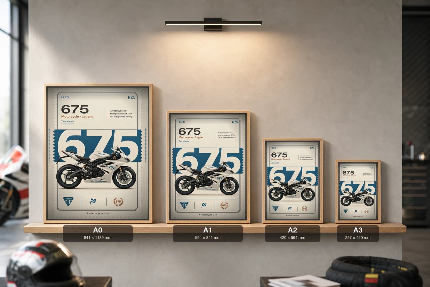 Triumph DAYTONA 675 Poster — Heritage MotoGP Legends Motorcycle Wall Art · framed A2 — print size guide showing the artwork at A0, A1, A2 and A3 in natural-oak frames at true relative scale