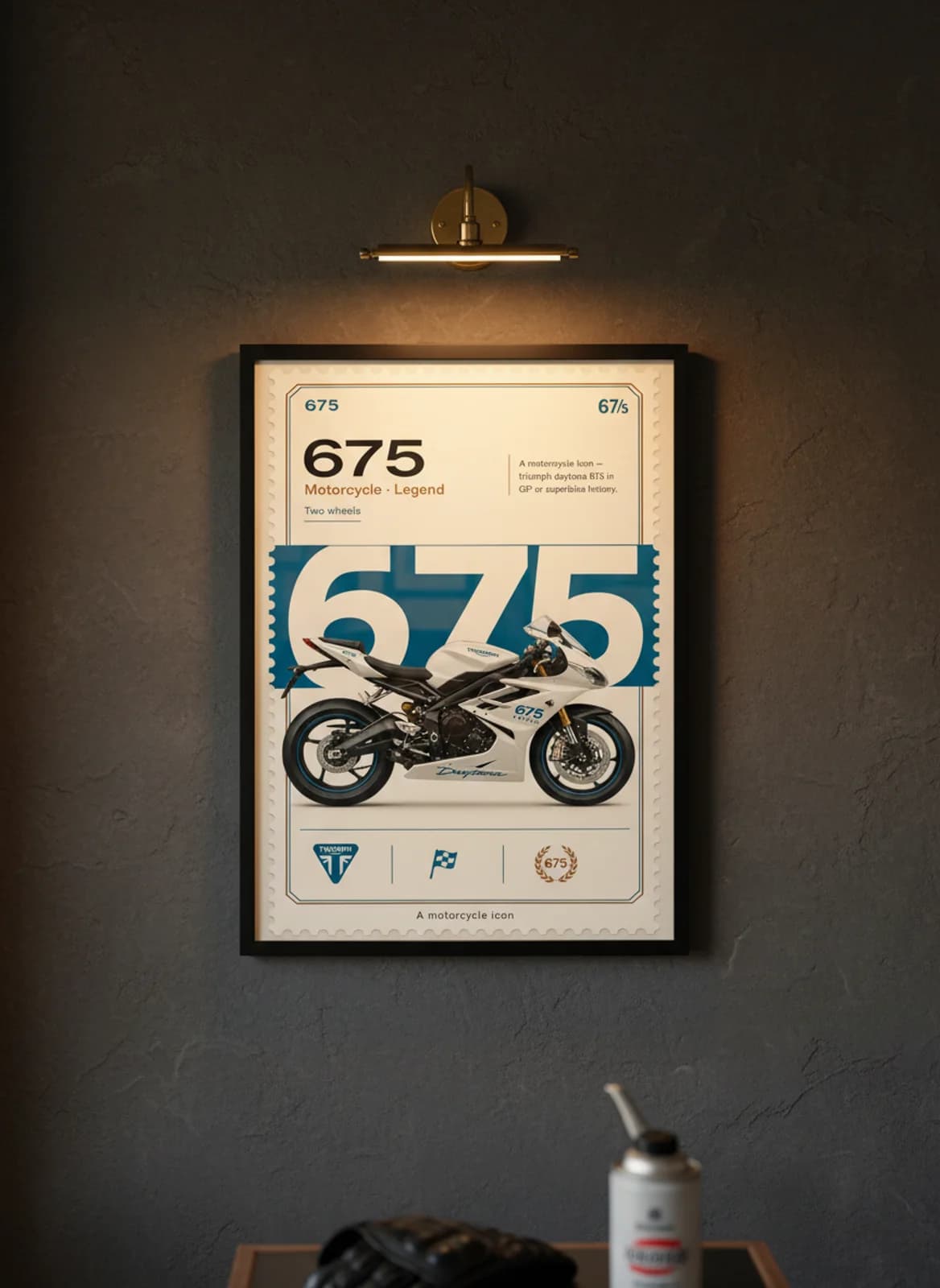 675 MotoGP Legends print in black A2 frame on triumph-black-gold charcoal garage wall — motorcycle lounge mockup