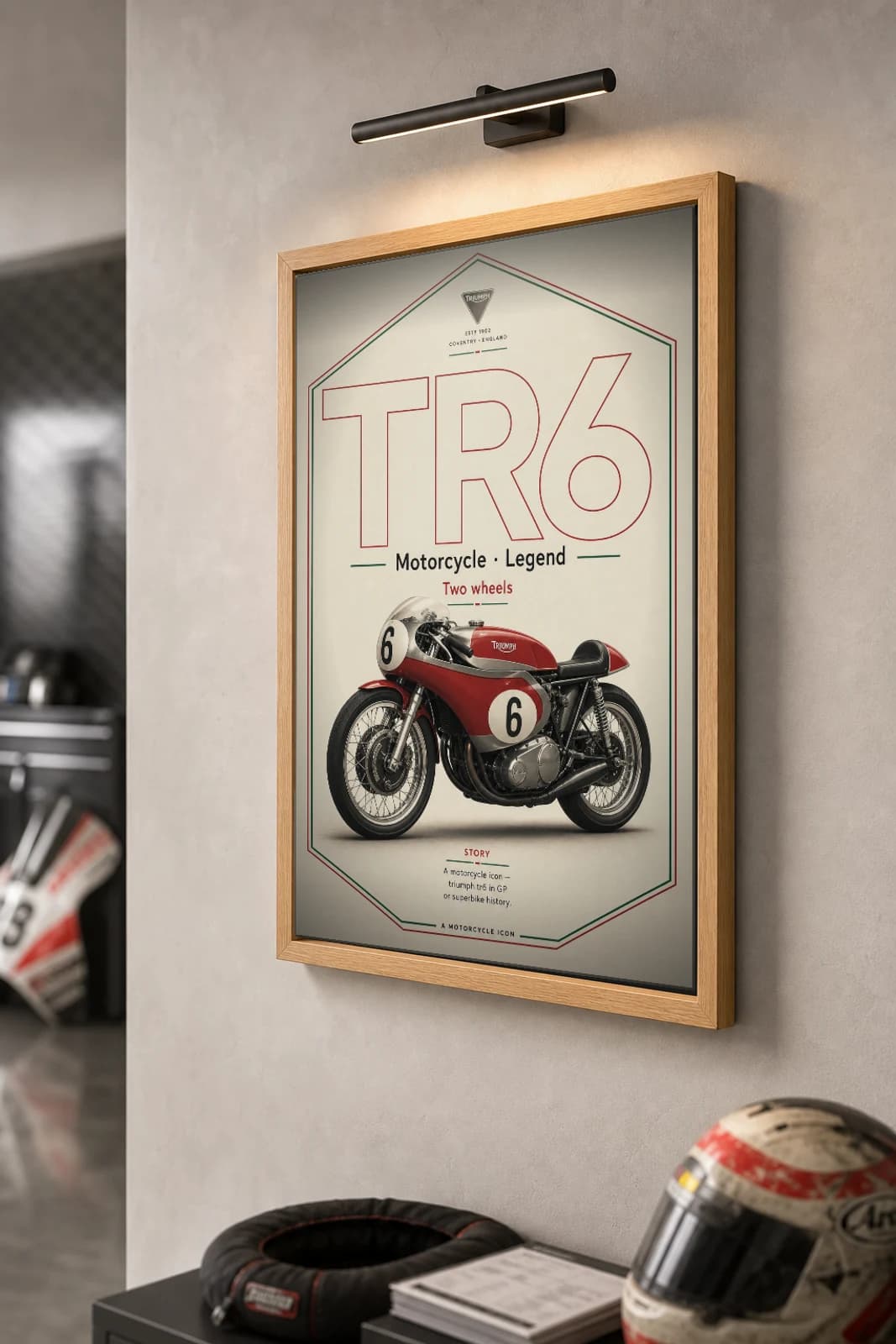 Triumph TR6 Poster — Heritage MotoGP Legends Motorcycle Wall Art · framed A2 — the framed print shown at a three-quarter angle on a styled gallery wall in a natural-oak frame