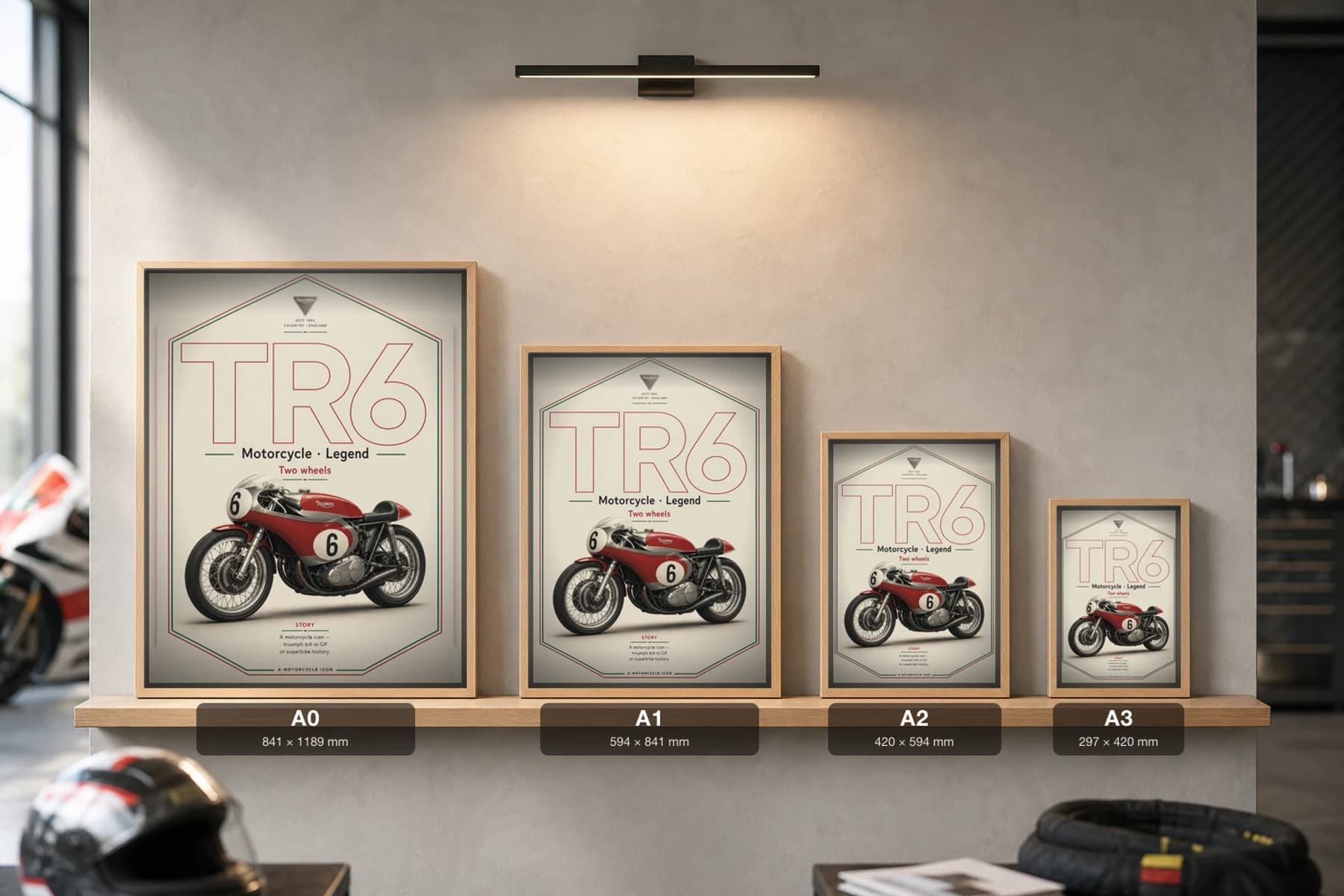 Triumph TR6 Poster — Heritage MotoGP Legends Motorcycle Wall Art · framed A2 — print size guide showing the artwork at A0, A1, A2 and A3 in natural-oak frames at true relative scale