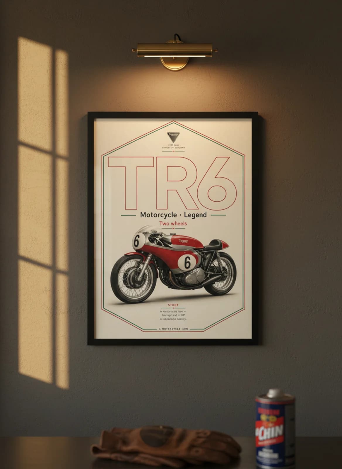 TR6 MotoGP Legends print in black A2 frame on triumph-black-gold charcoal garage wall — motorcycle lounge mockup
