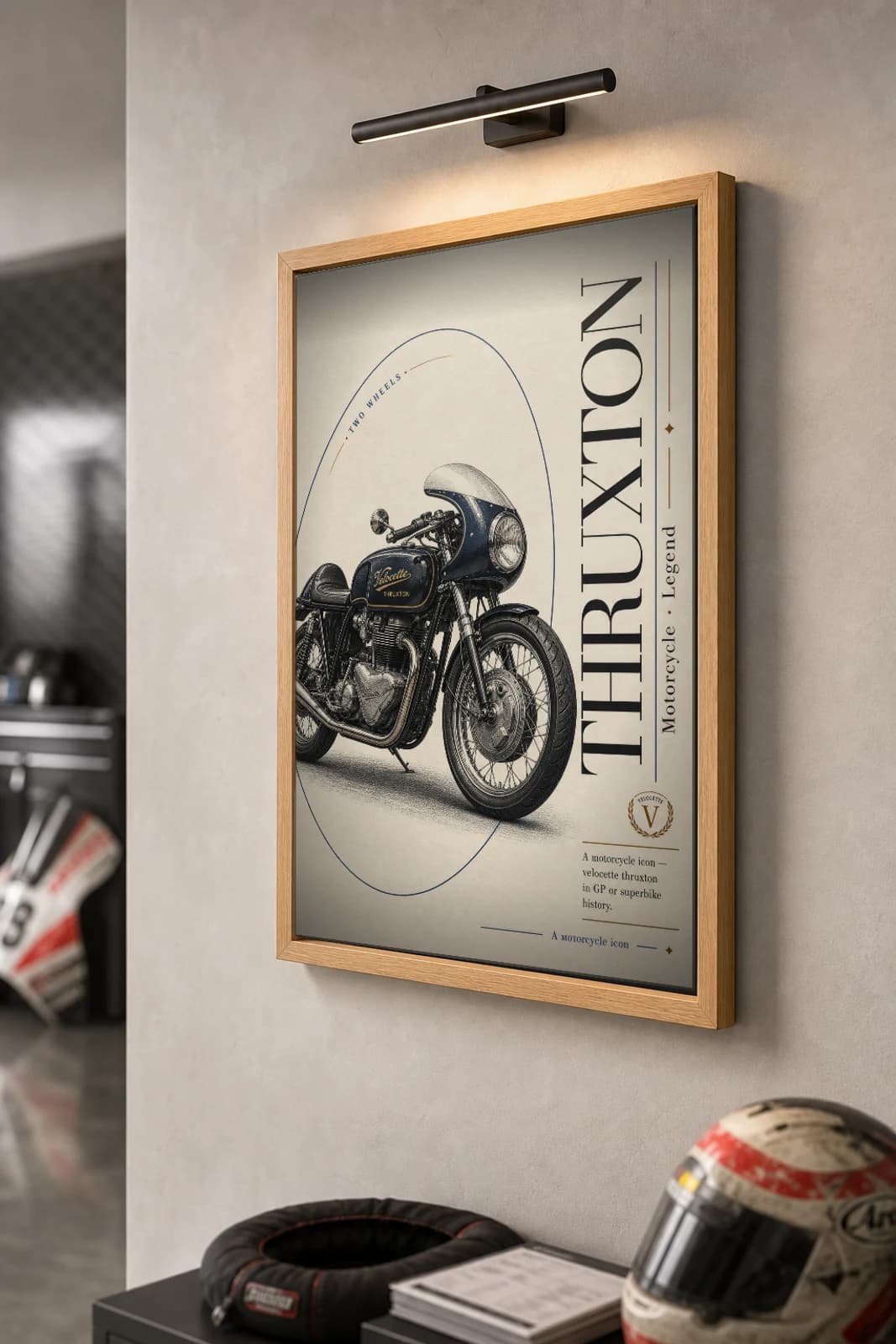 Velocette THRUXTON Poster — Heritage MotoGP Legends Motorcycle Wall Art · framed A2 — the framed print shown at a three-quarter angle on a styled gallery wall in a natural-oak frame