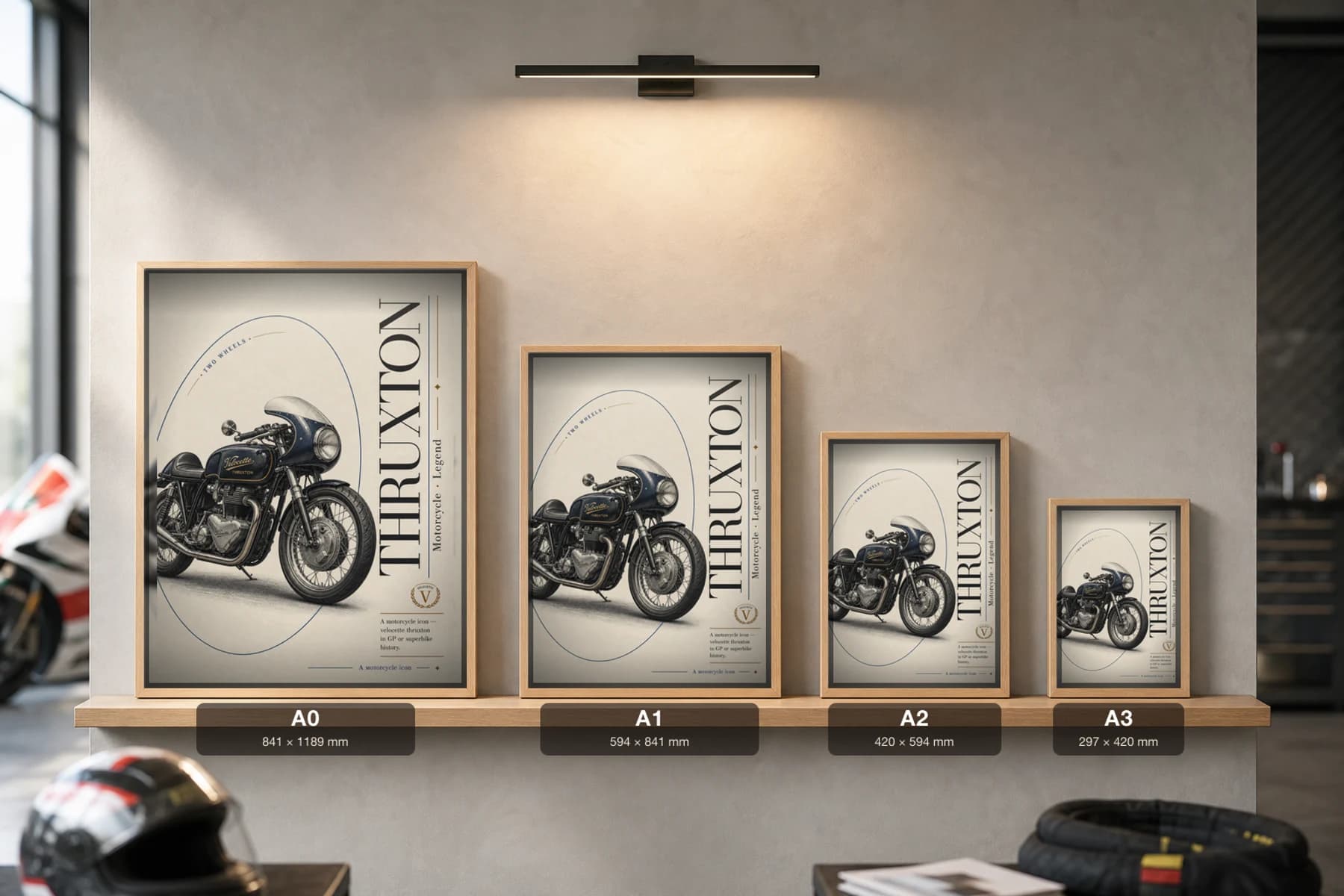 Velocette THRUXTON Poster — Heritage MotoGP Legends Motorcycle Wall Art · framed A2 — print size guide showing the artwork at A0, A1, A2 and A3 in natural-oak frames at true relative scale