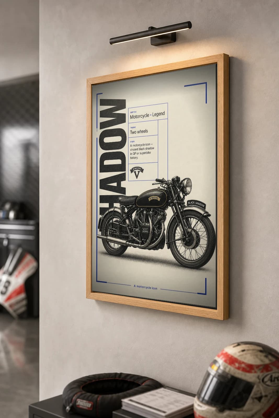 Vincent BLACK SHADOW Poster — Heritage MotoGP Legends Motorcycle Wall Art · framed A2 — the framed print shown at a three-quarter angle on a styled gallery wall in a natural-oak frame