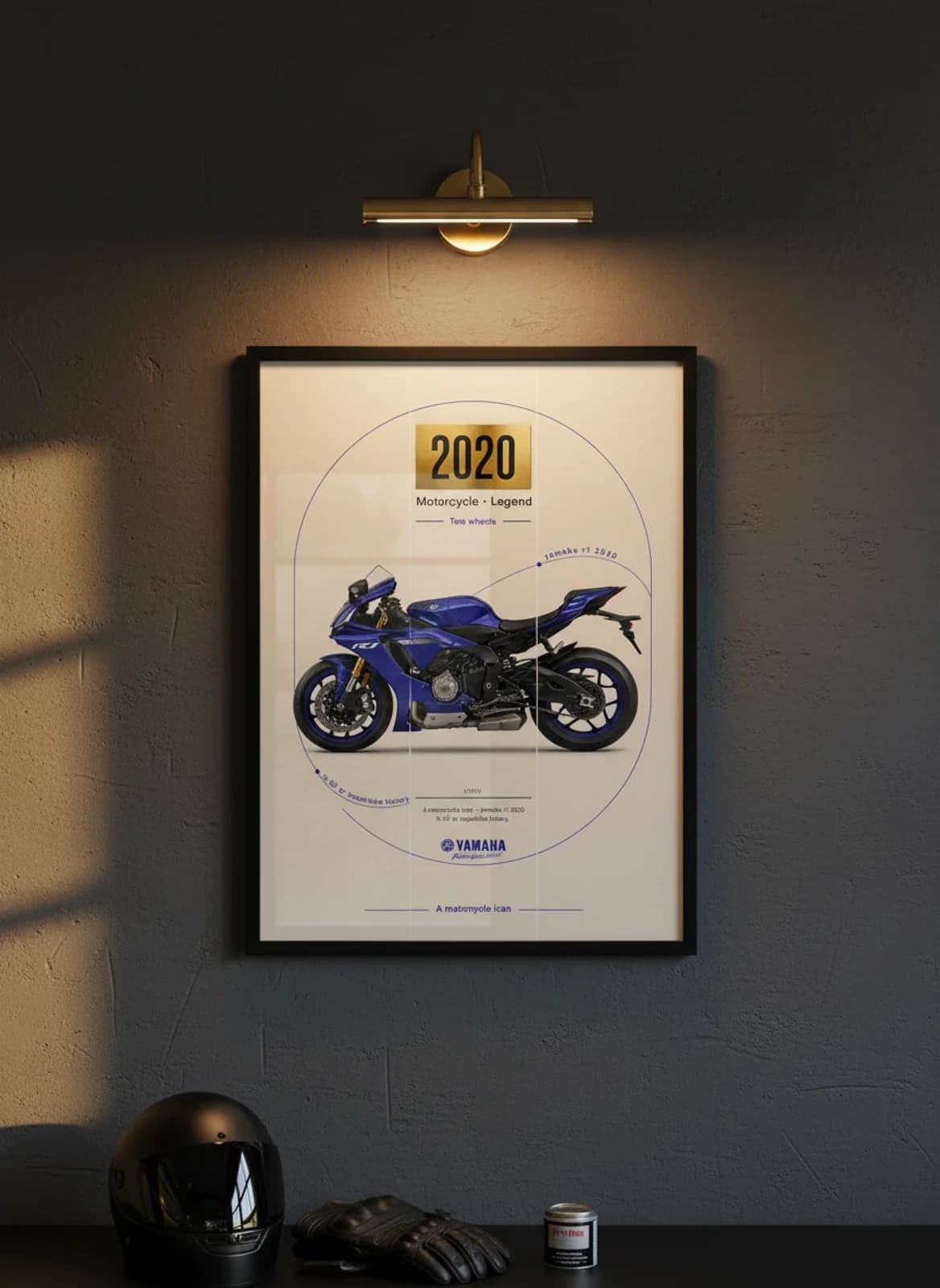 2020 MotoGP Legends print in black A2 frame on yamaha-blue charcoal garage wall — motorcycle lounge mockup