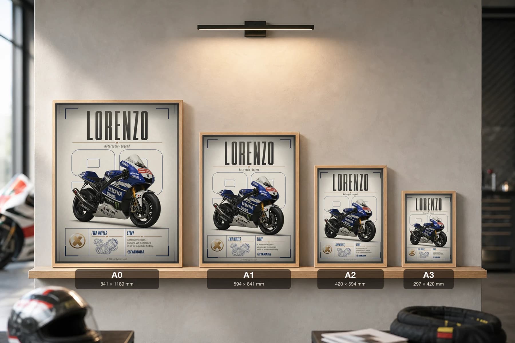 Yamaha YZR M1 — Jorge Lorenzo Poster — Heritage MotoGP Legends Motorcycle Wall Art · framed A2 — print size guide showing the artwork at A0, A1, A2 and A3 in natural-oak frames at true relative scale
