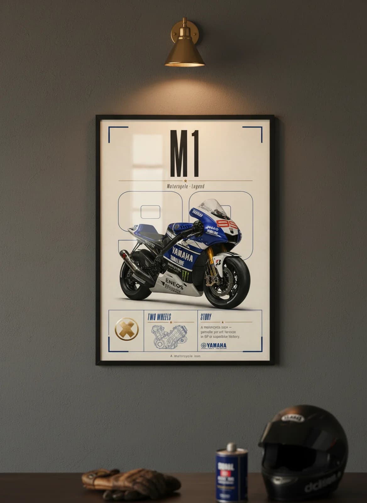 M1 MotoGP Legends print in black A2 frame on yamaha-blue charcoal garage wall — motorcycle lounge mockup