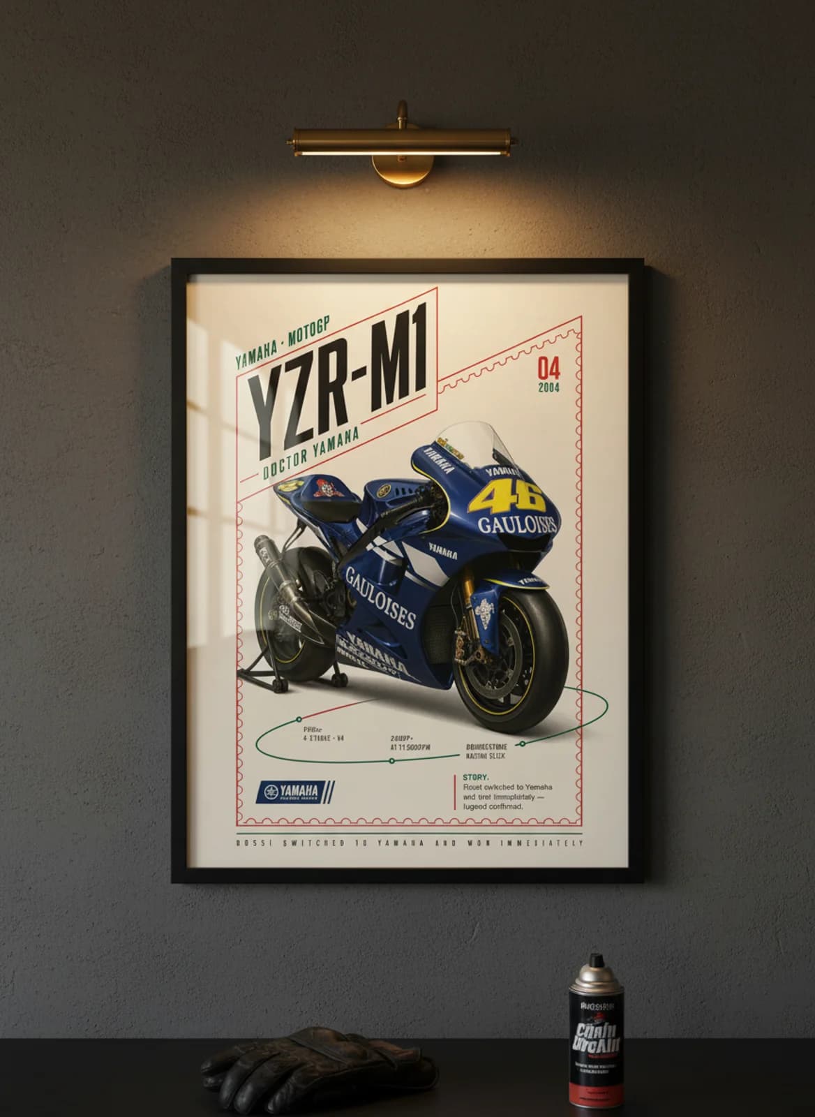M1 MotoGP Legends print in black A2 frame on yamaha-blue charcoal garage wall — motorcycle lounge mockup