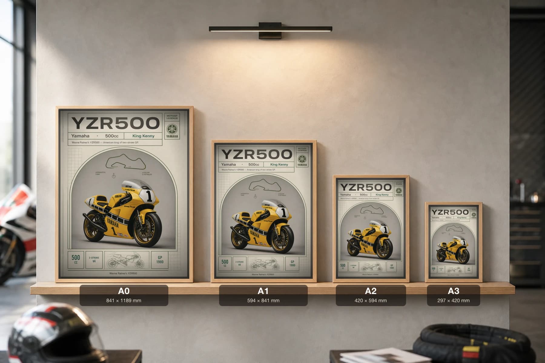 Yamaha YZR500 — Wayne Rainey Poster — Heritage MotoGP Legends Motorcycle Wall Art · framed A2 — print size guide showing the artwork at A0, A1, A2 and A3 in natural-oak frames at true relative scale