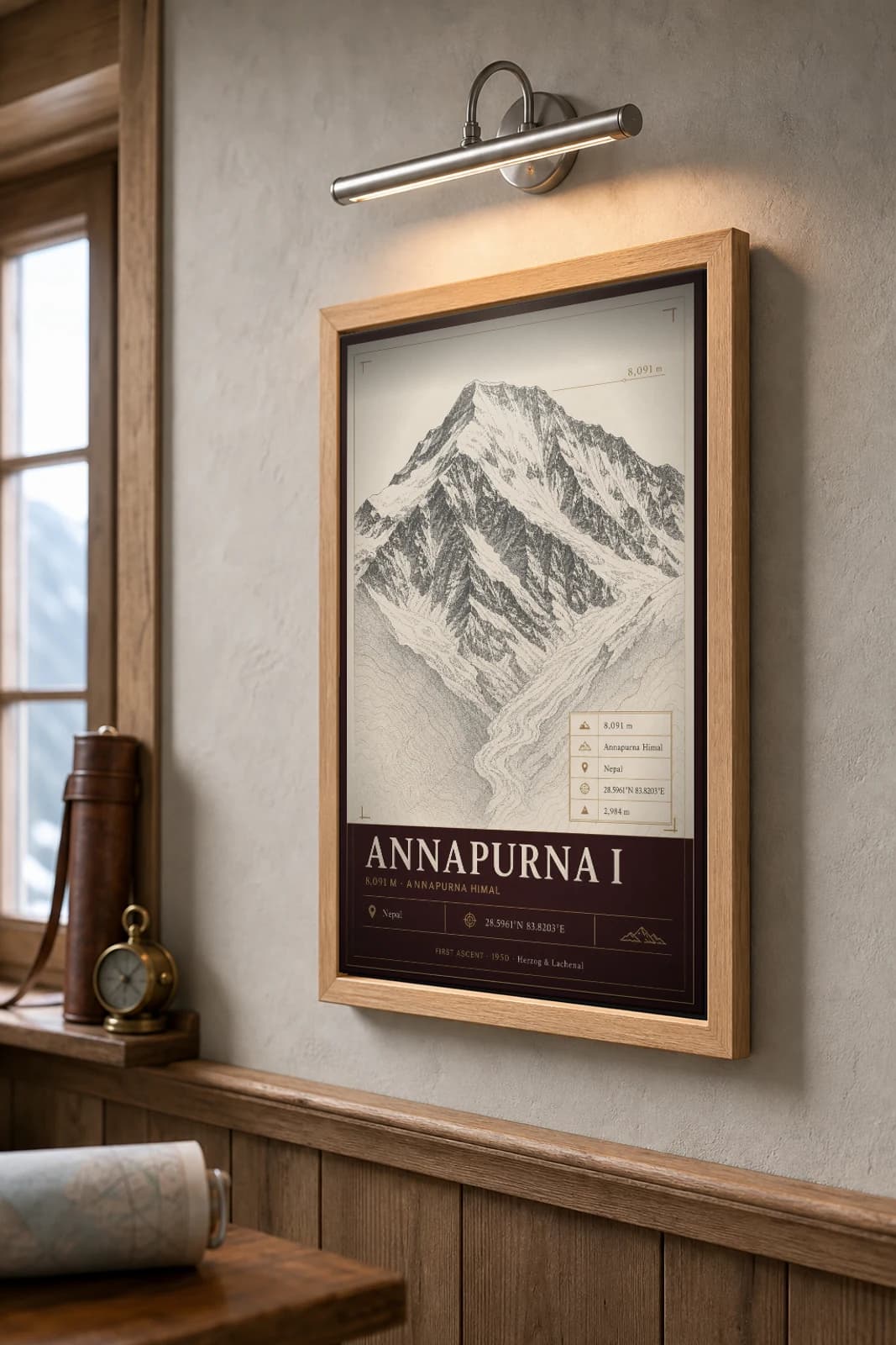 Annapurna I Poster — 8,091 m Peak Atlas Specimen Print · framed A2 — the framed print shown at a three-quarter angle on a styled gallery wall in a natural-oak frame
