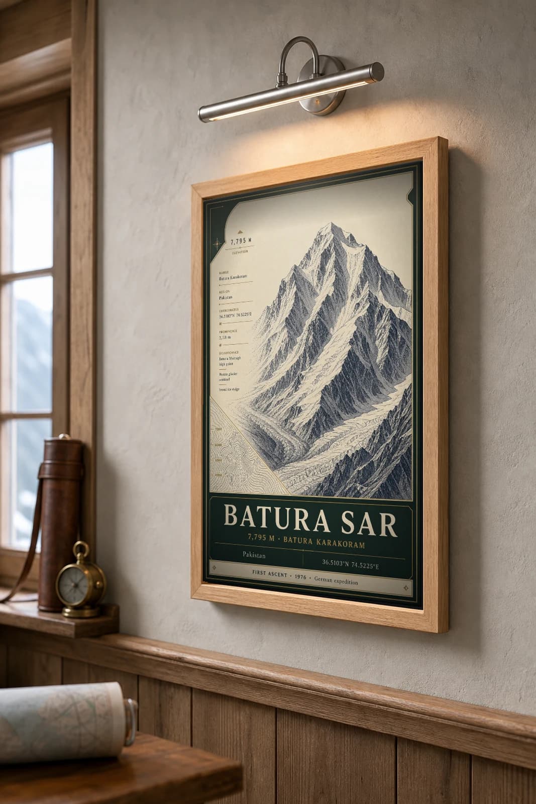 Batura Sar Poster — 7,795 m Peak Atlas Specimen Print · framed A2 — the framed print shown at a three-quarter angle on a styled gallery wall in a natural-oak frame