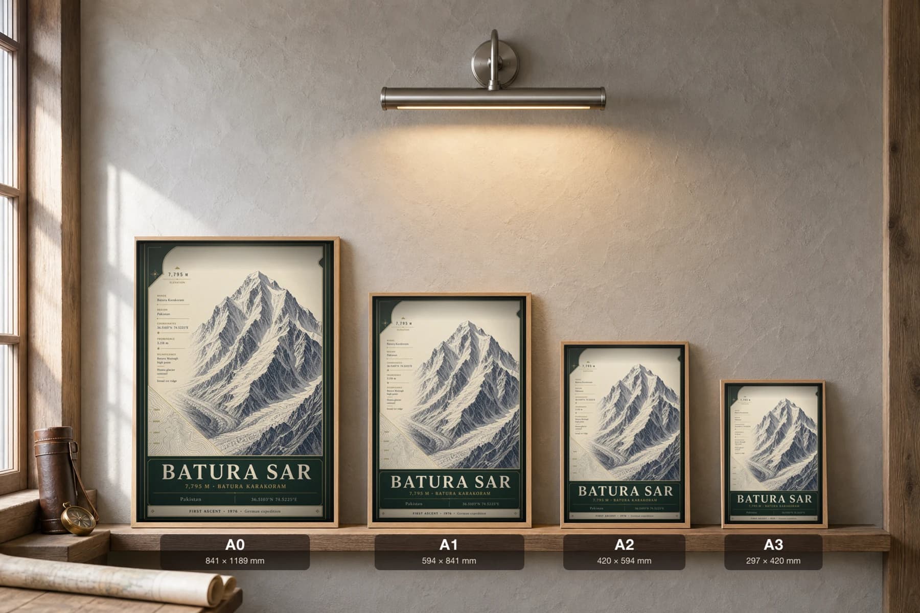 Batura Sar Poster — 7,795 m Peak Atlas Specimen Print · framed A2 — print size guide showing the artwork at A0, A1, A2 and A3 in natural-oak frames at true relative scale