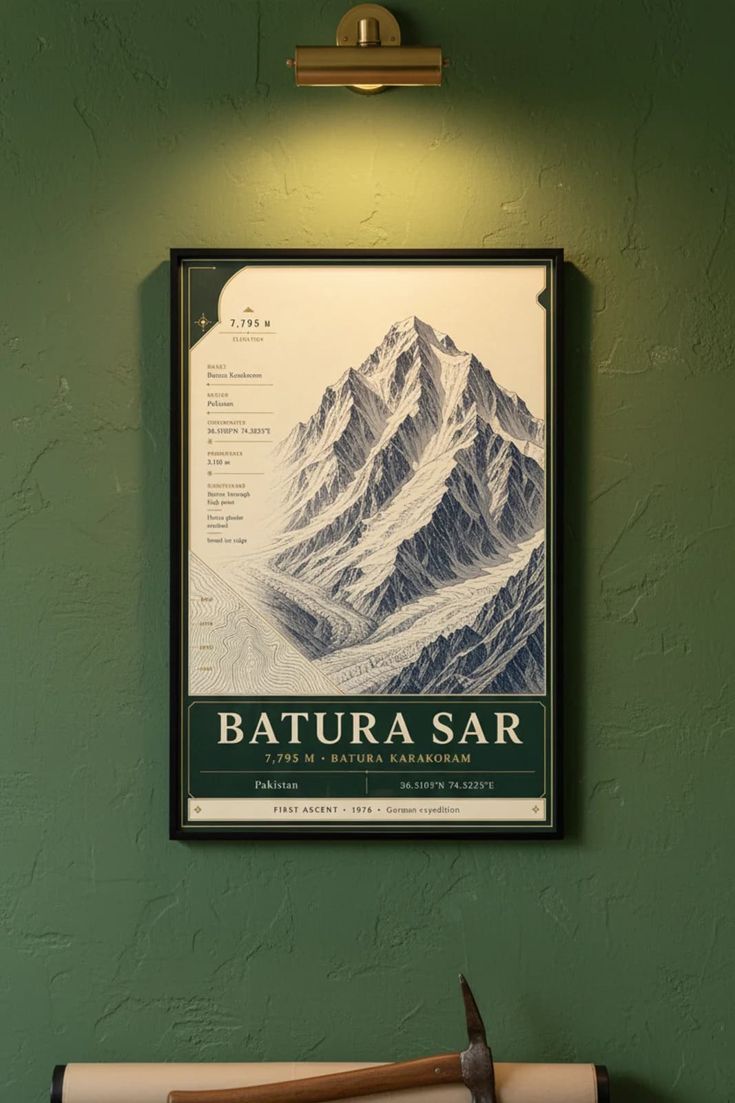 Batura Sar — Mountain Peaks poster in black A2 frame on batura-sar-summit-wash alpine plaster wall — Mountain Peaks study mockup
