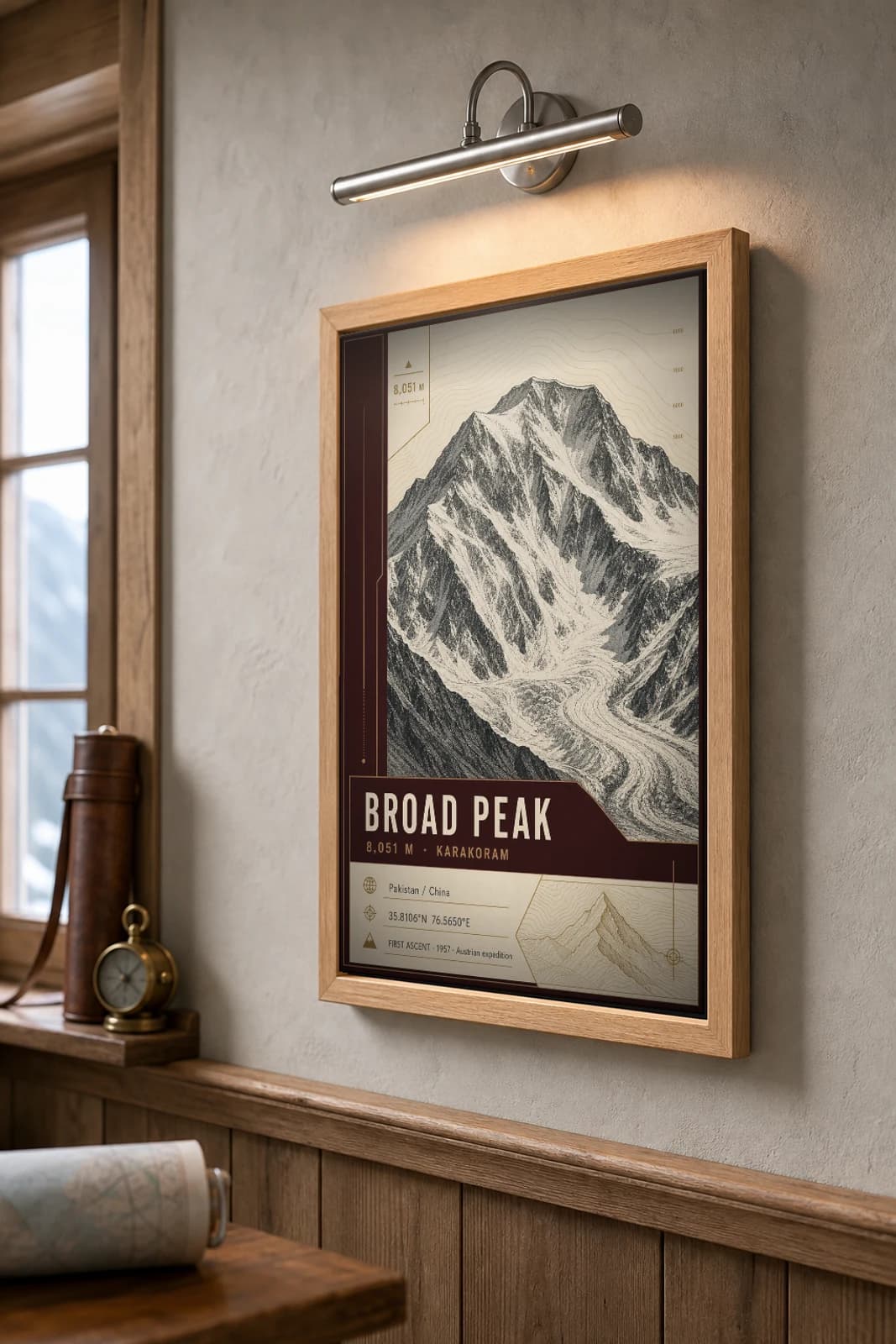 Broad Peak Poster — 8,051 m Peak Atlas Specimen Print · framed A2 — the framed print shown at a three-quarter angle on a styled gallery wall in a natural-oak frame