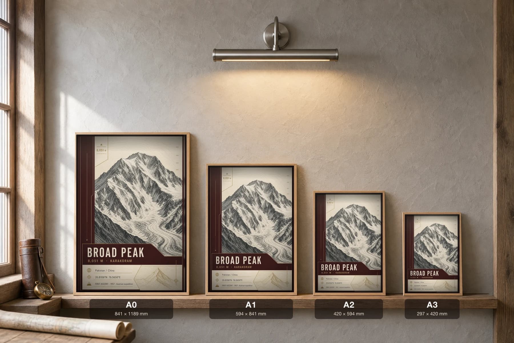Broad Peak Poster — 8,051 m Peak Atlas Specimen Print · framed A2 — print size guide showing the artwork at A0, A1, A2 and A3 in natural-oak frames at true relative scale