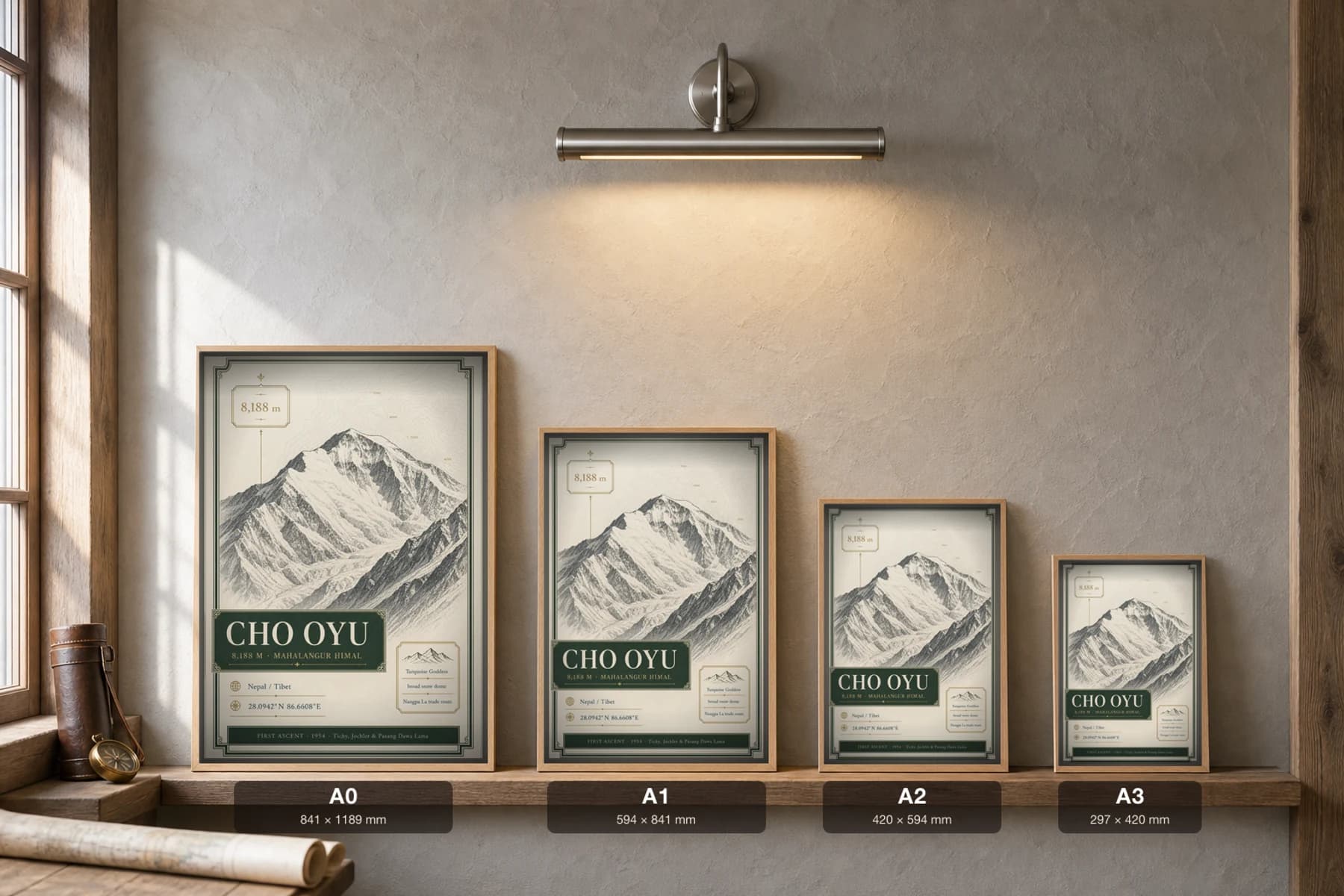 Cho Oyu Poster — 8,188 m Peak Atlas Specimen Print · framed A2 — print size guide showing the artwork at A0, A1, A2 and A3 in natural-oak frames at true relative scale