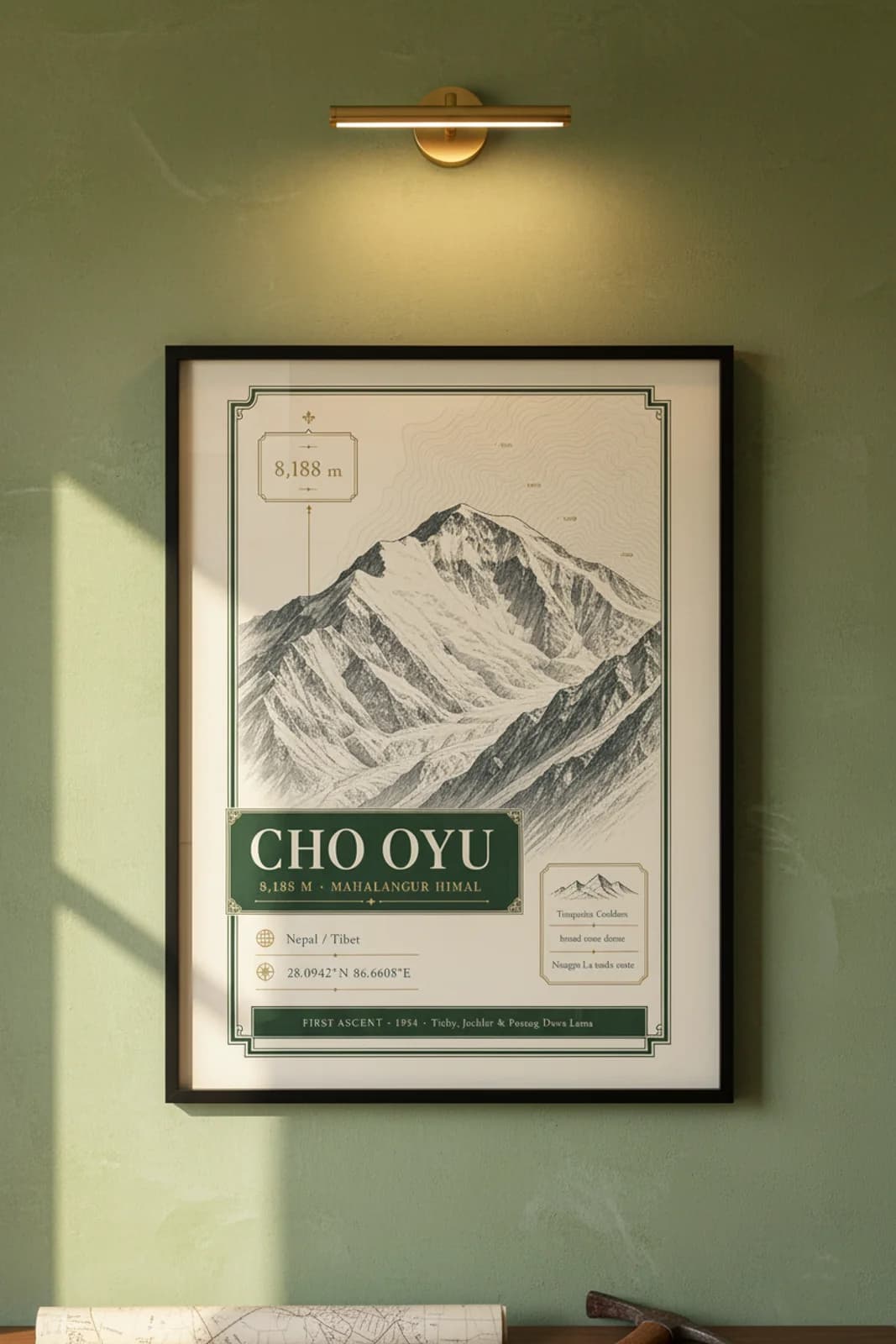 Cho Oyu — Mountain Peaks poster in black A2 frame on cho-oyu-summit-wash alpine plaster wall — Mountain Peaks study mockup