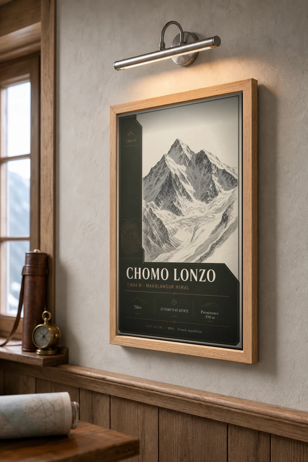 Chomo Lonzo Poster — 7,804 m Peak Atlas Specimen Print · framed A2 — the framed print shown at a three-quarter angle on a styled gallery wall in a natural-oak frame