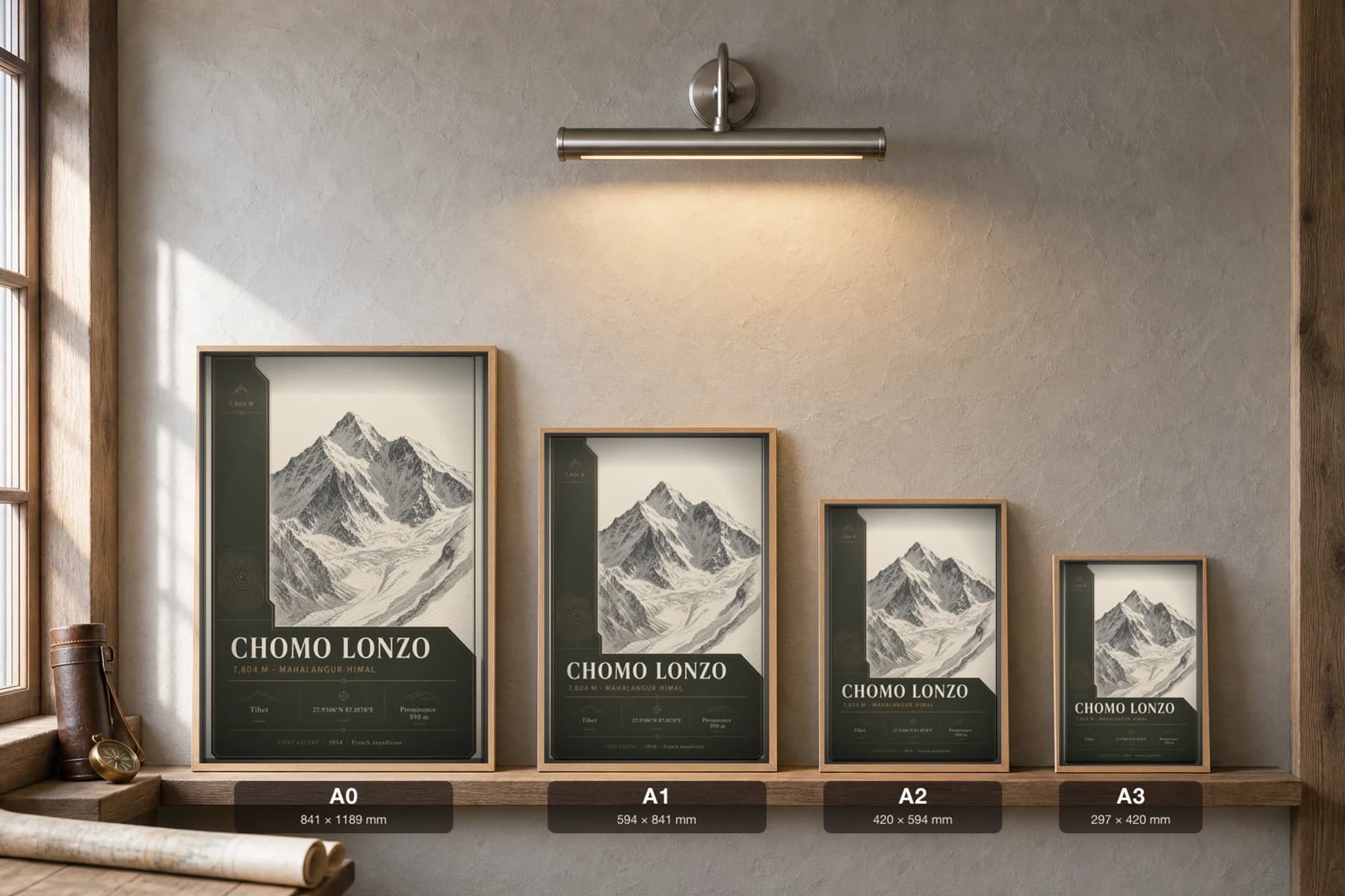 Chomo Lonzo Poster — 7,804 m Peak Atlas Specimen Print · framed A2 — print size guide showing the artwork at A0, A1, A2 and A3 in natural-oak frames at true relative scale