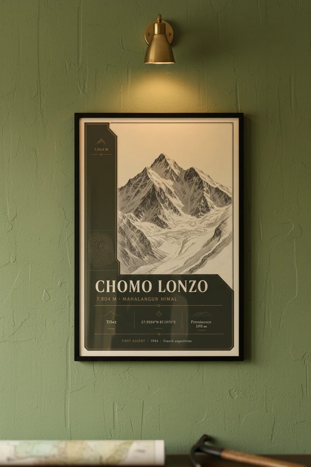 Chomo Lonzo — Mountain Peaks poster in black A2 frame on chomo-lonzo-summit-wash alpine plaster wall — Mountain Peaks study mockup