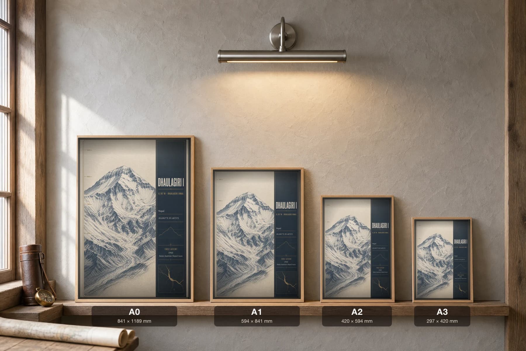 Dhaulagiri I Poster — 8,167 m Peak Atlas Specimen Print · framed A2 — print size guide showing the artwork at A0, A1, A2 and A3 in natural-oak frames at true relative scale