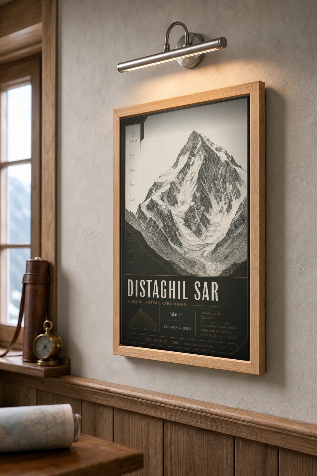Distaghil Sar Poster — 7,884 m Peak Atlas Specimen Print · framed A2 — the framed print shown at a three-quarter angle on a styled gallery wall in a natural-oak frame