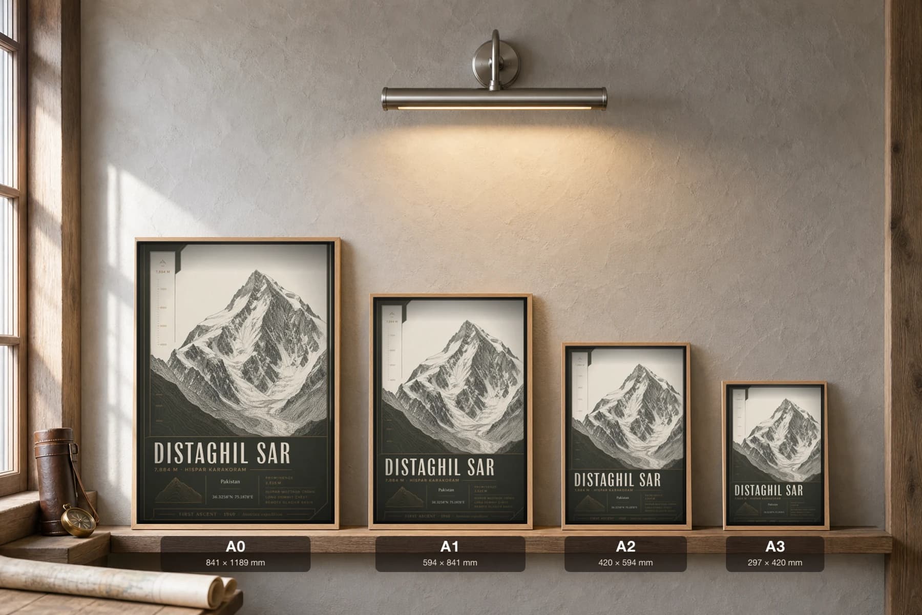 Distaghil Sar Poster — 7,884 m Peak Atlas Specimen Print · framed A2 — print size guide showing the artwork at A0, A1, A2 and A3 in natural-oak frames at true relative scale