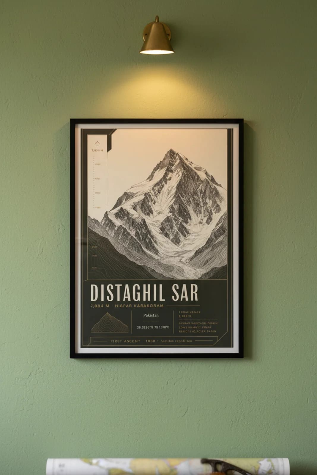 Distaghil Sar — Mountain Peaks poster in black A2 frame on distaghil-sar-summit-wash alpine plaster wall — Mountain Peaks study mockup