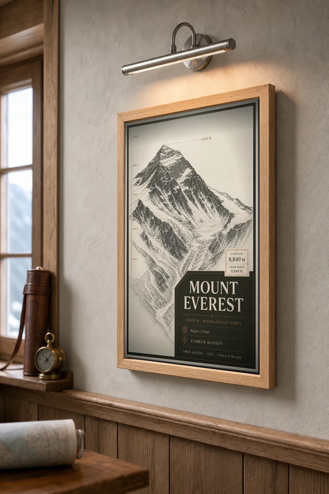Mount Everest Poster — 8,849 m Peak Atlas Specimen Print · framed A2 — the framed print shown at a three-quarter angle on a styled gallery wall in a natural-oak frame