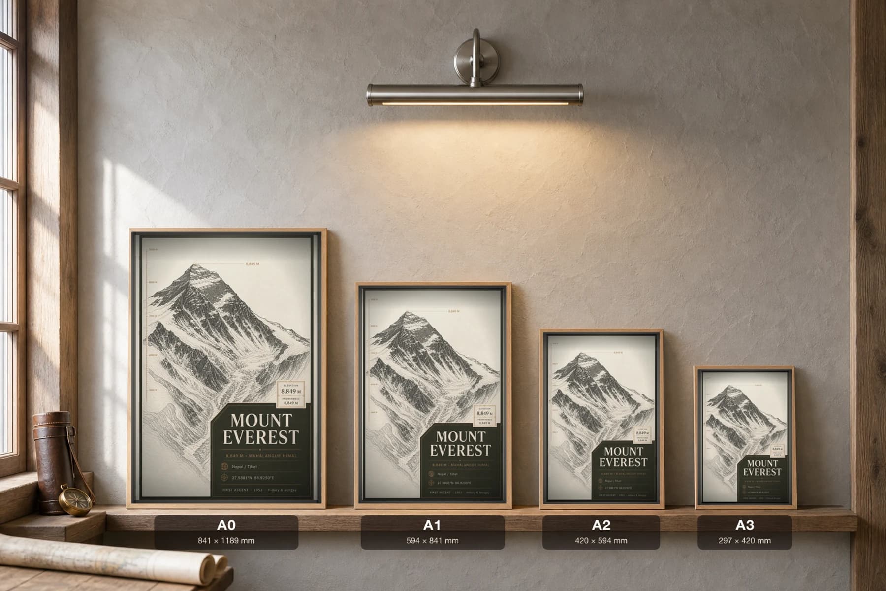 Mount Everest Poster — 8,849 m Peak Atlas Specimen Print · framed A2 — print size guide showing the artwork at A0, A1, A2 and A3 in natural-oak frames at true relative scale