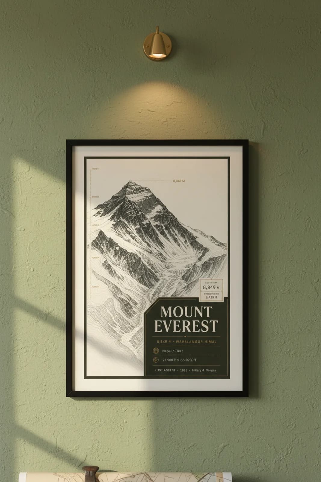Everest — Mountain Peaks poster in black A2 frame on everest-summit-wash alpine plaster wall — Mountain Peaks study mockup