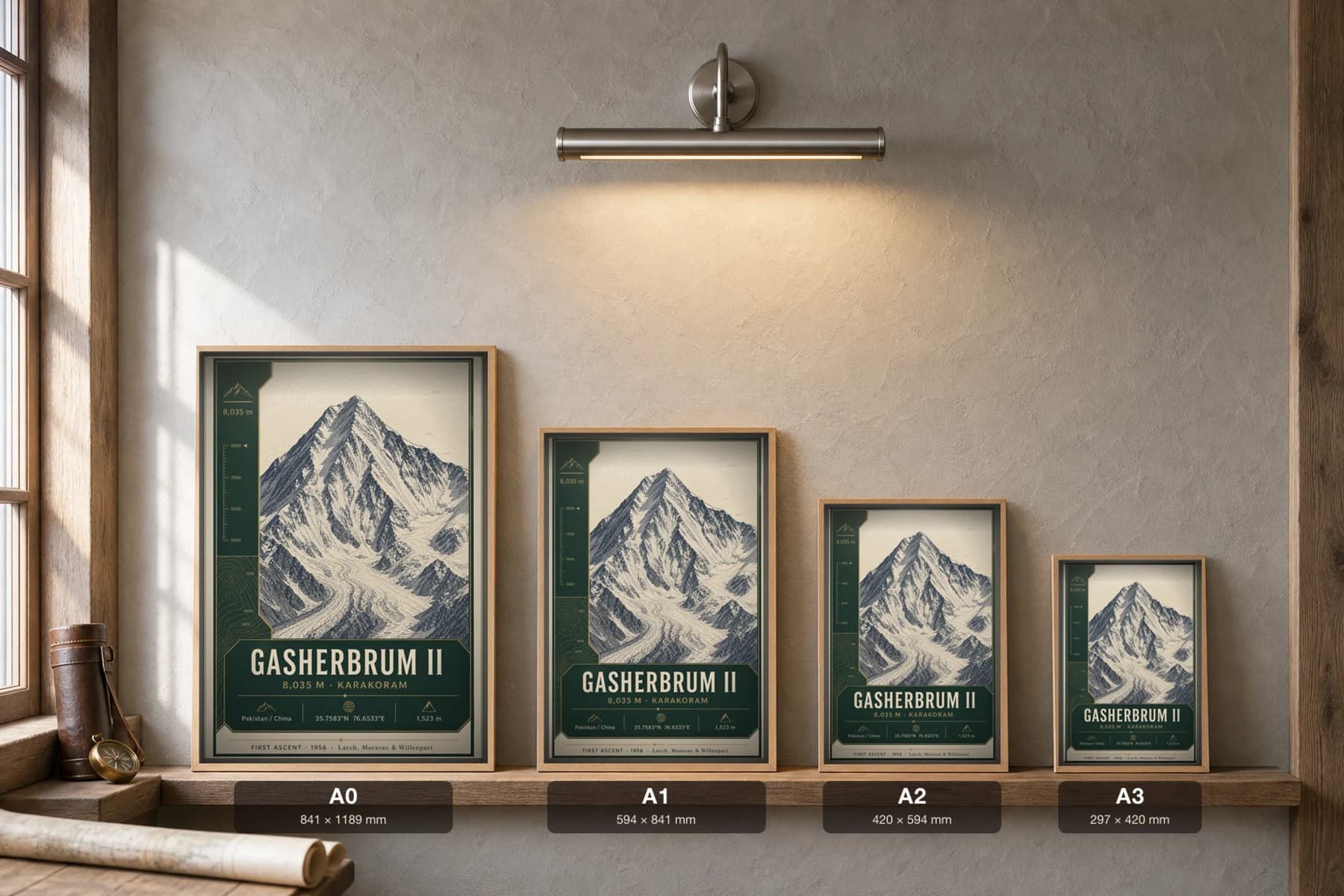 Gasherbrum II Poster — 8,035 m Peak Atlas Specimen Print · framed A2 — print size guide showing the artwork at A0, A1, A2 and A3 in natural-oak frames at true relative scale