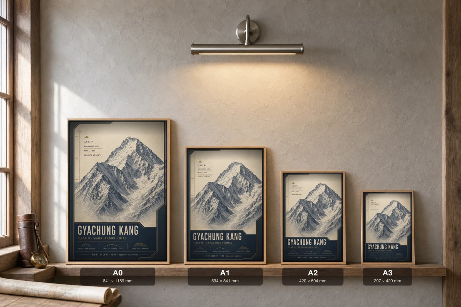 Gyachung Kang Poster — 7,952 m Peak Atlas Specimen Print · framed A2 — print size guide showing the artwork at A0, A1, A2 and A3 in natural-oak frames at true relative scale