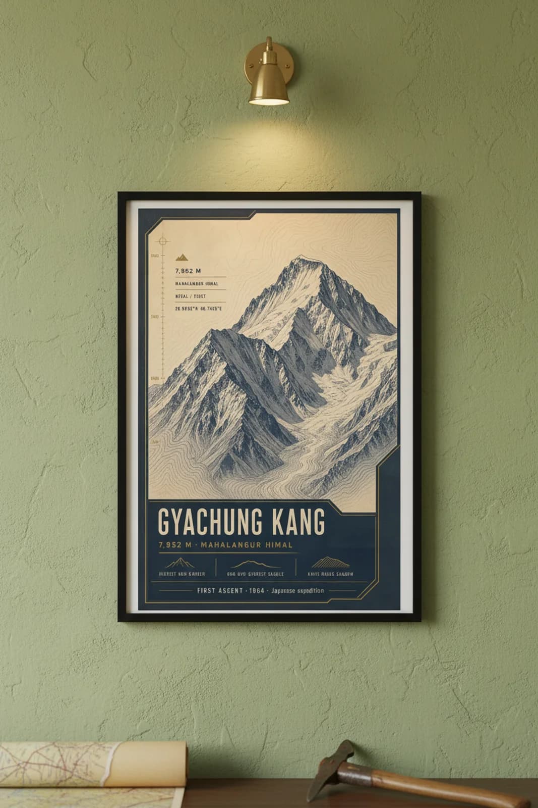 Gyachung Kang — Mountain Peaks poster in black A2 frame on gyachung-kang-summit-wash alpine plaster wall — Mountain Peaks study mockup