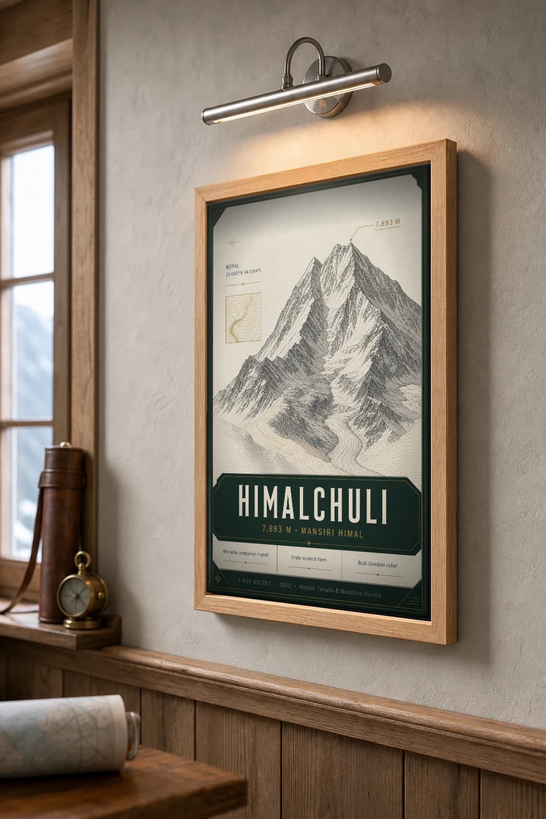 Himalchuli Poster — 7,893 m Peak Atlas Specimen Print · framed A2 — the framed print shown at a three-quarter angle on a styled gallery wall in a natural-oak frame